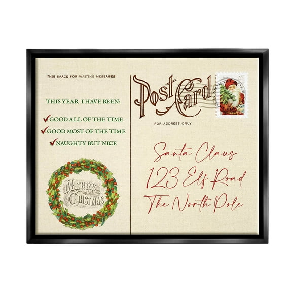 Stupell Industries Merry Christmas Vintage Postcard Graphic Art Jet Black Floating Framed Canvas Print Wall Art, Design by Lil' Rue