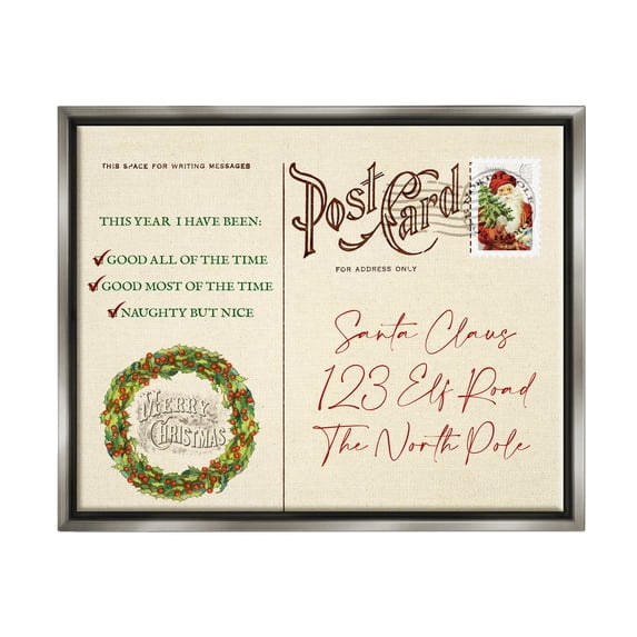 Stupell Industries Merry Christmas Vintage Postcard Graphic Art Luster Gray Floating Framed Canvas Print Wall Art, Design by Lil' Rue
