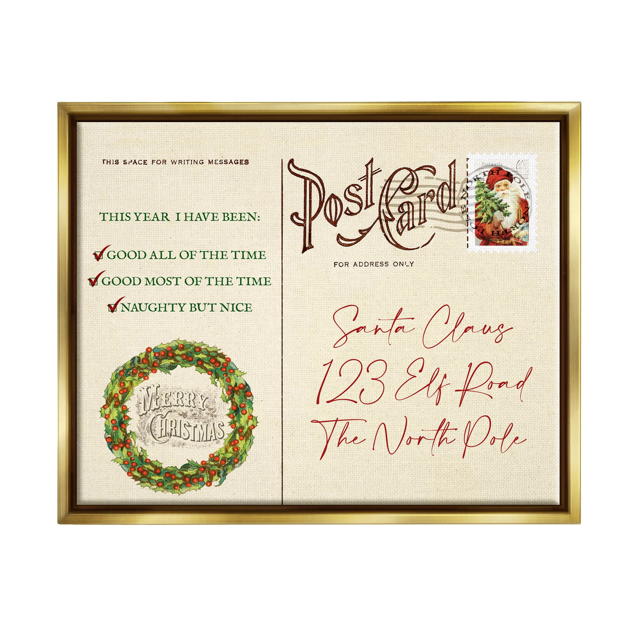 Stupell Industries Merry Christmas Vintage Postcard Graphic Art Metallic Gold Floating Framed Canvas Print Wall Art, Design by Lil' Rue