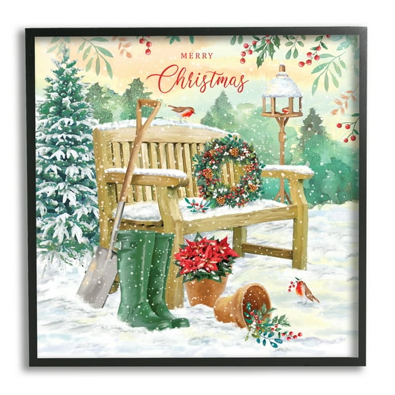 Stupell Industries Merry Christmas Winter Bench Holiday Painting Black Framed Art Print Wall Art