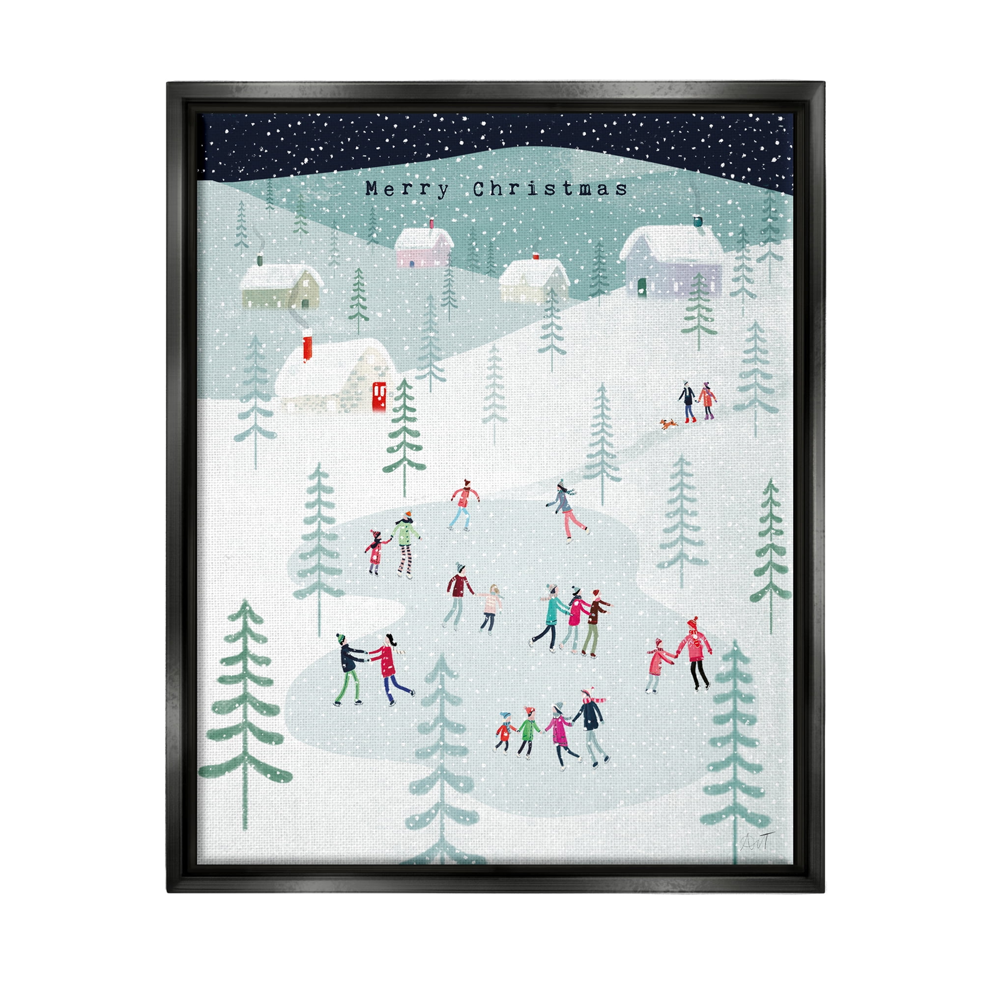 Stupell Industries Merry Christmas Winter Ice Skating Holiday Painting Black Floater Framed Art Print Wall Art