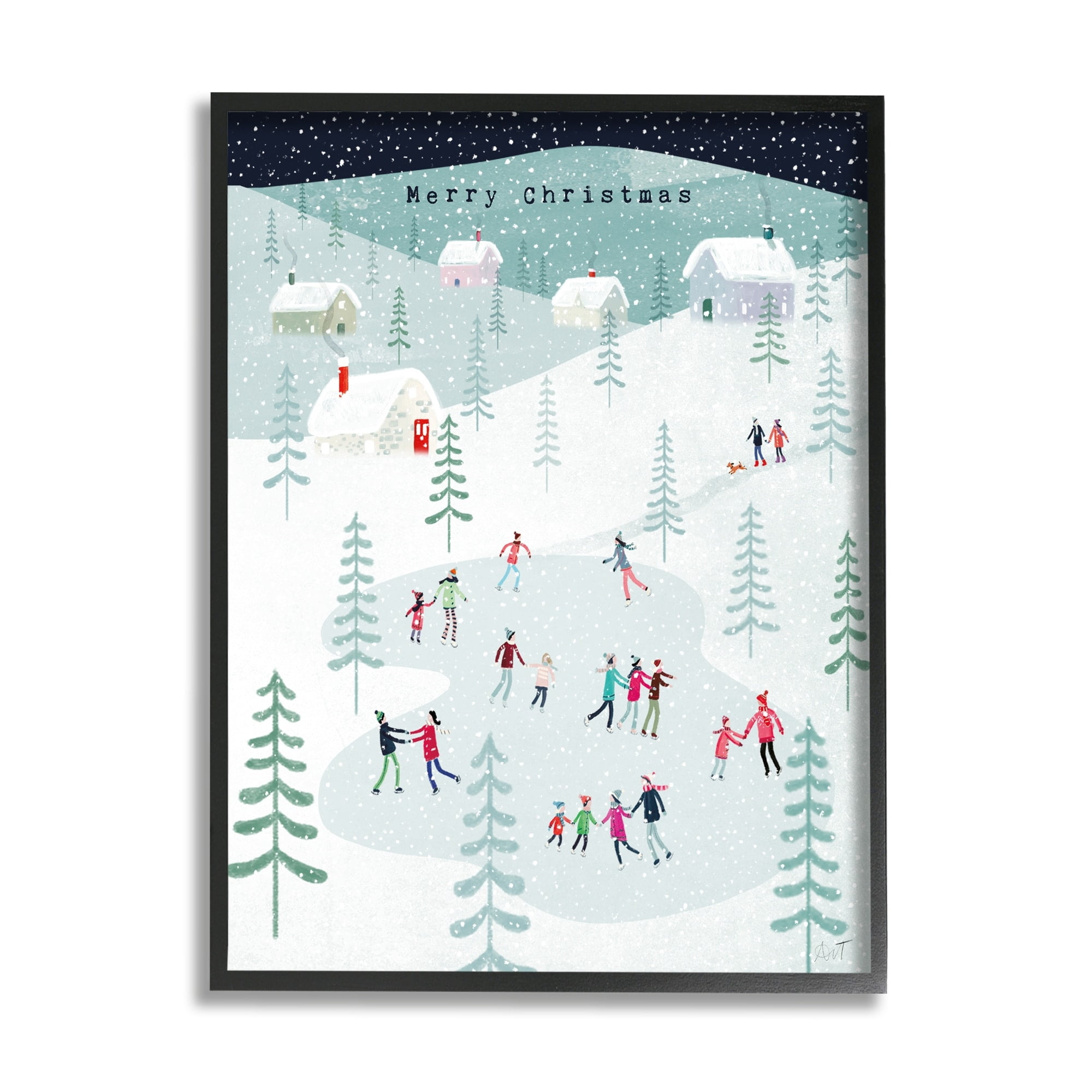 Stupell Industries Merry Christmas Winter Ice Skating Holiday Painting Black Framed Art Print Wall Art