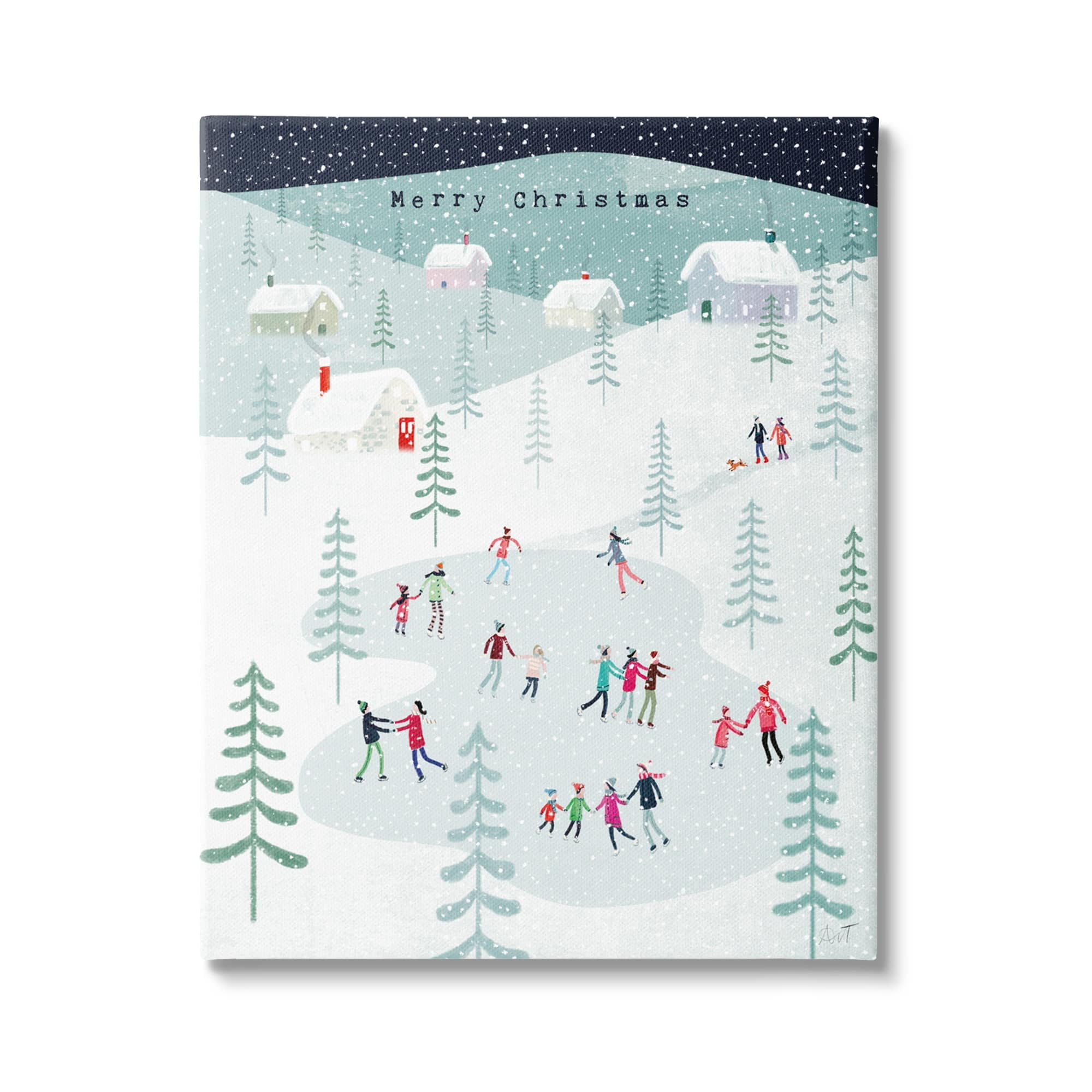 Stupell Industries Merry Christmas Winter Ice Skating Holiday Painting Gallery Wrapped Canvas Print Wall Art