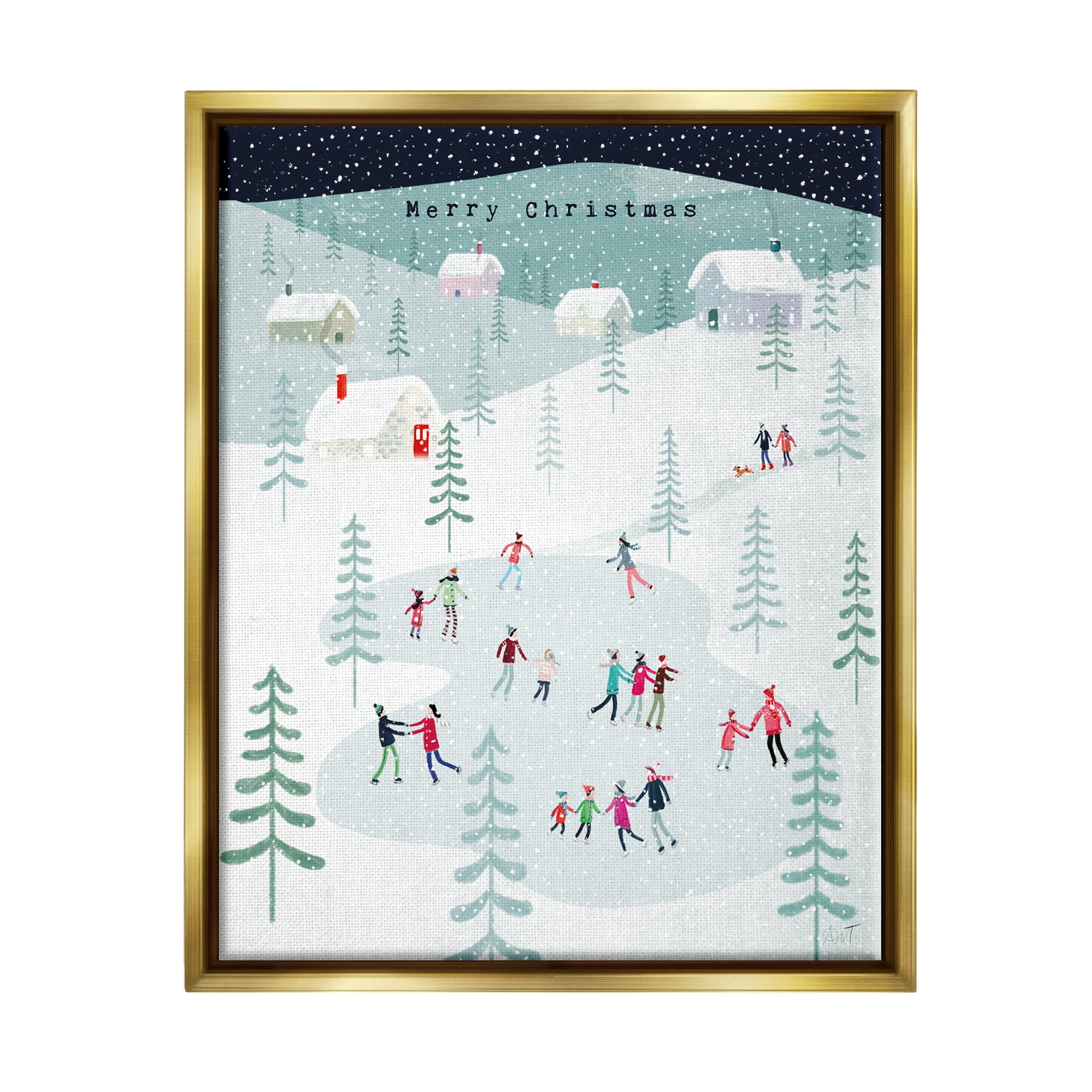 Stupell Industries Merry Christmas Winter Ice Skating Holiday Painting Gold Floater Framed Art Print Wall Art