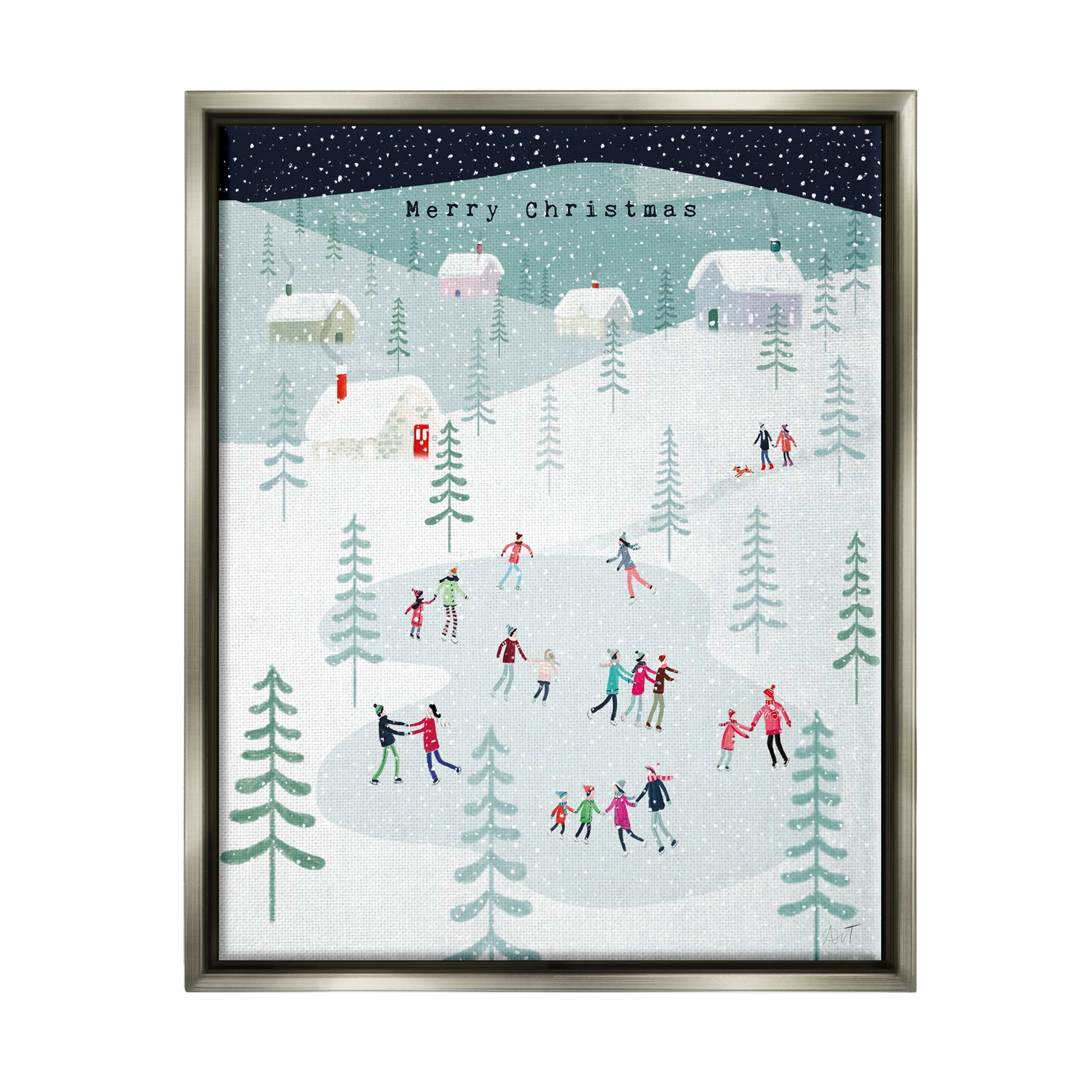 Stupell Industries Merry Christmas Winter Ice Skating Holiday Painting Gray Floater Framed Art Print Wall Art