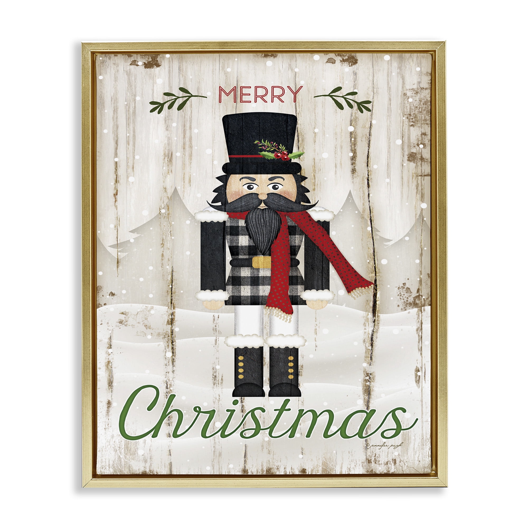 Stupell Industries Merry Christmas Winter Nutcracker Holiday Painting Gold Floater Framed Canvas Art Print Wall Art, 25 x 31