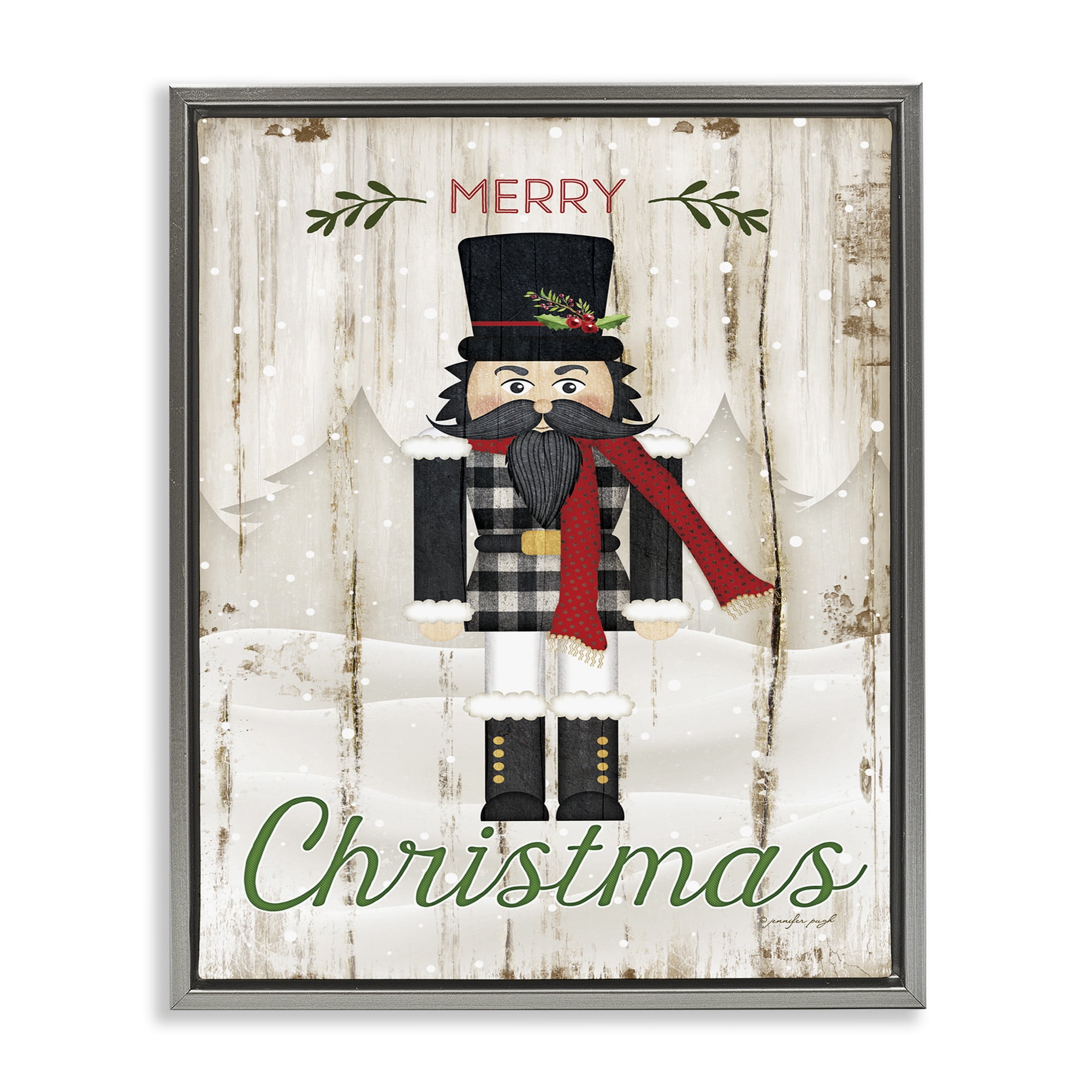 Stupell Industries Merry Christmas Winter Nutcracker Holiday Painting Gray Floater Framed Canvas Art Print Wall Art, 25 x 31