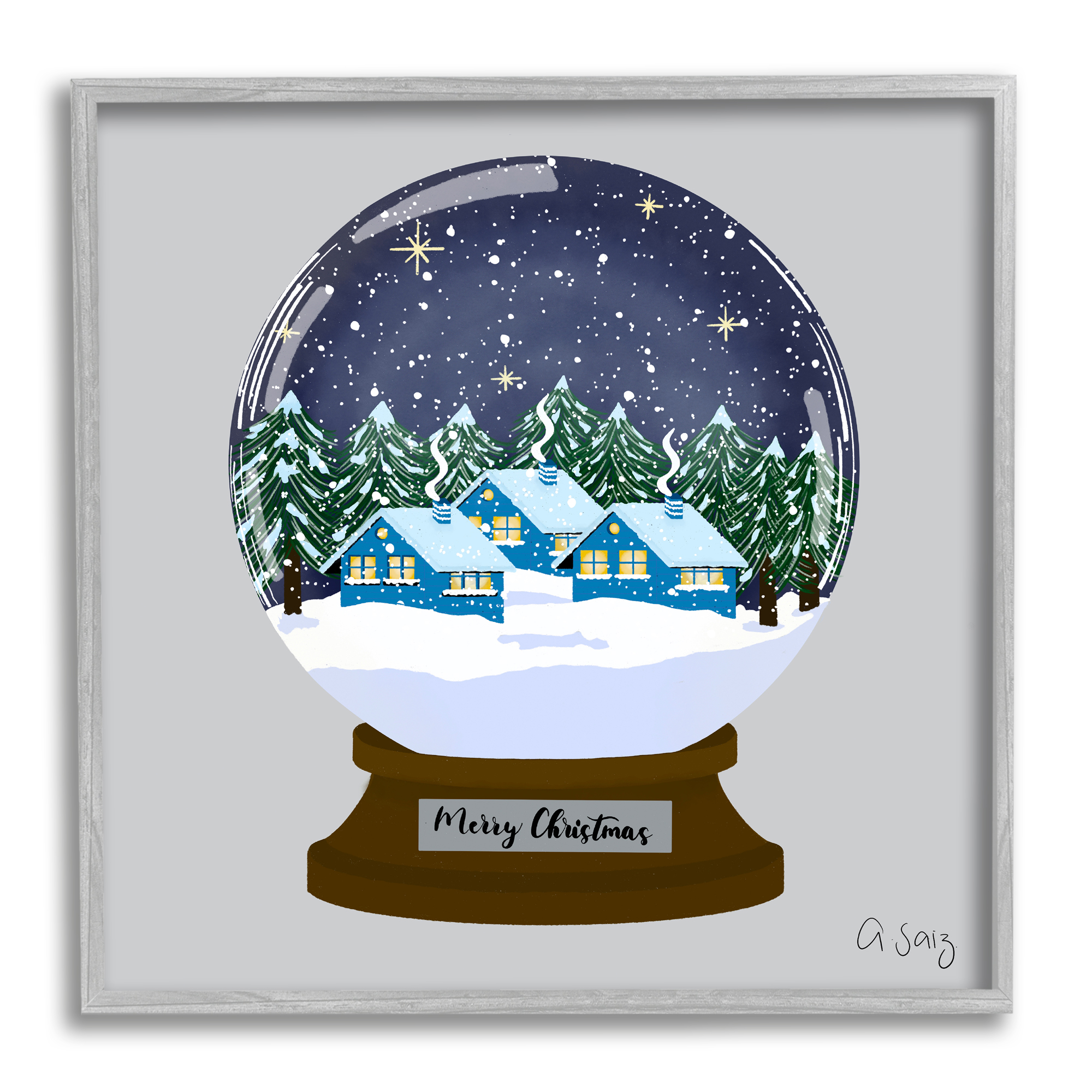 Stupell Industries Merry Christmas Winter Snow Globe Holiday Painting Gray Framed Art Print Wall Art