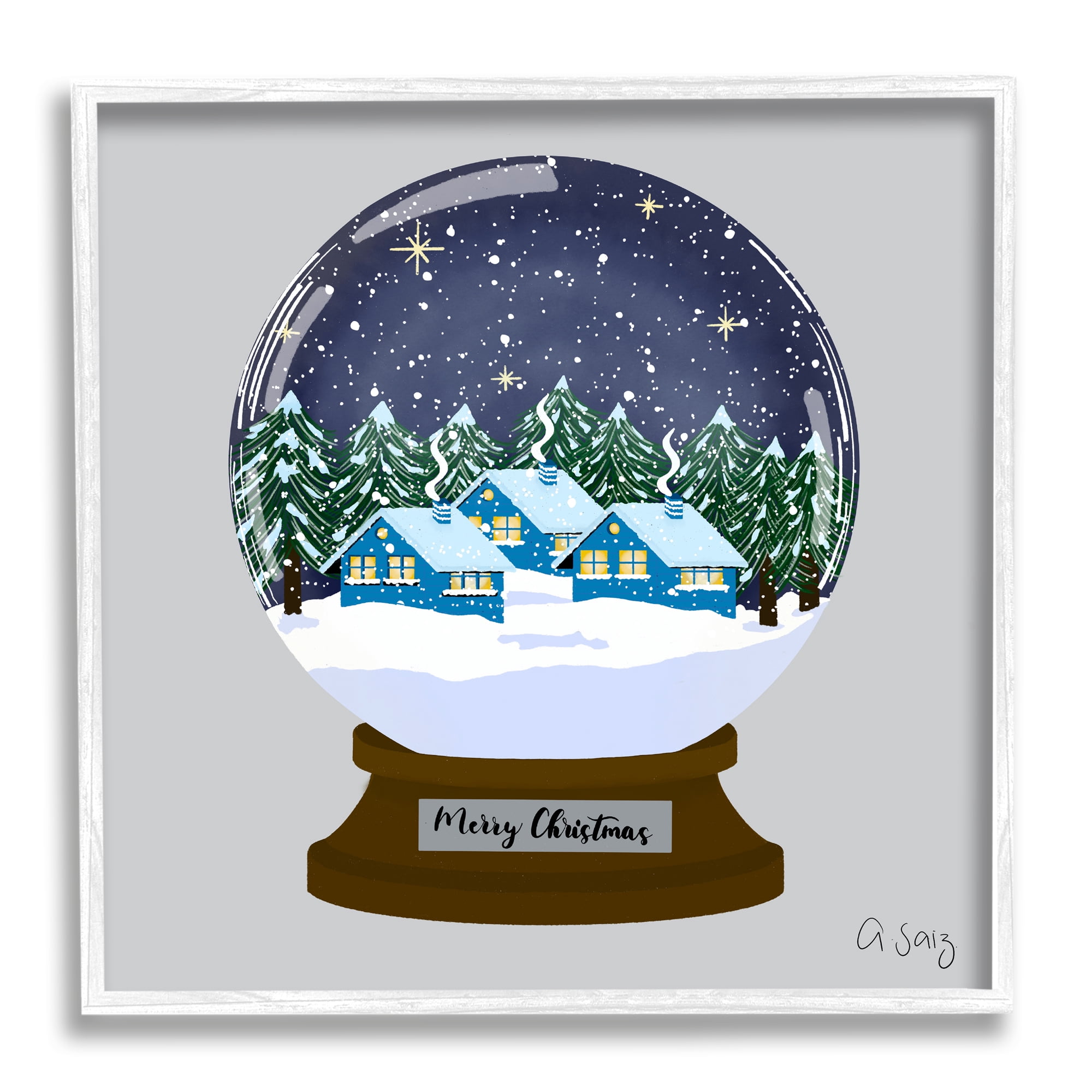 Stupell Industries Merry Christmas Winter Snow Globe Holiday Painting White Framed Art Print Wall Art
