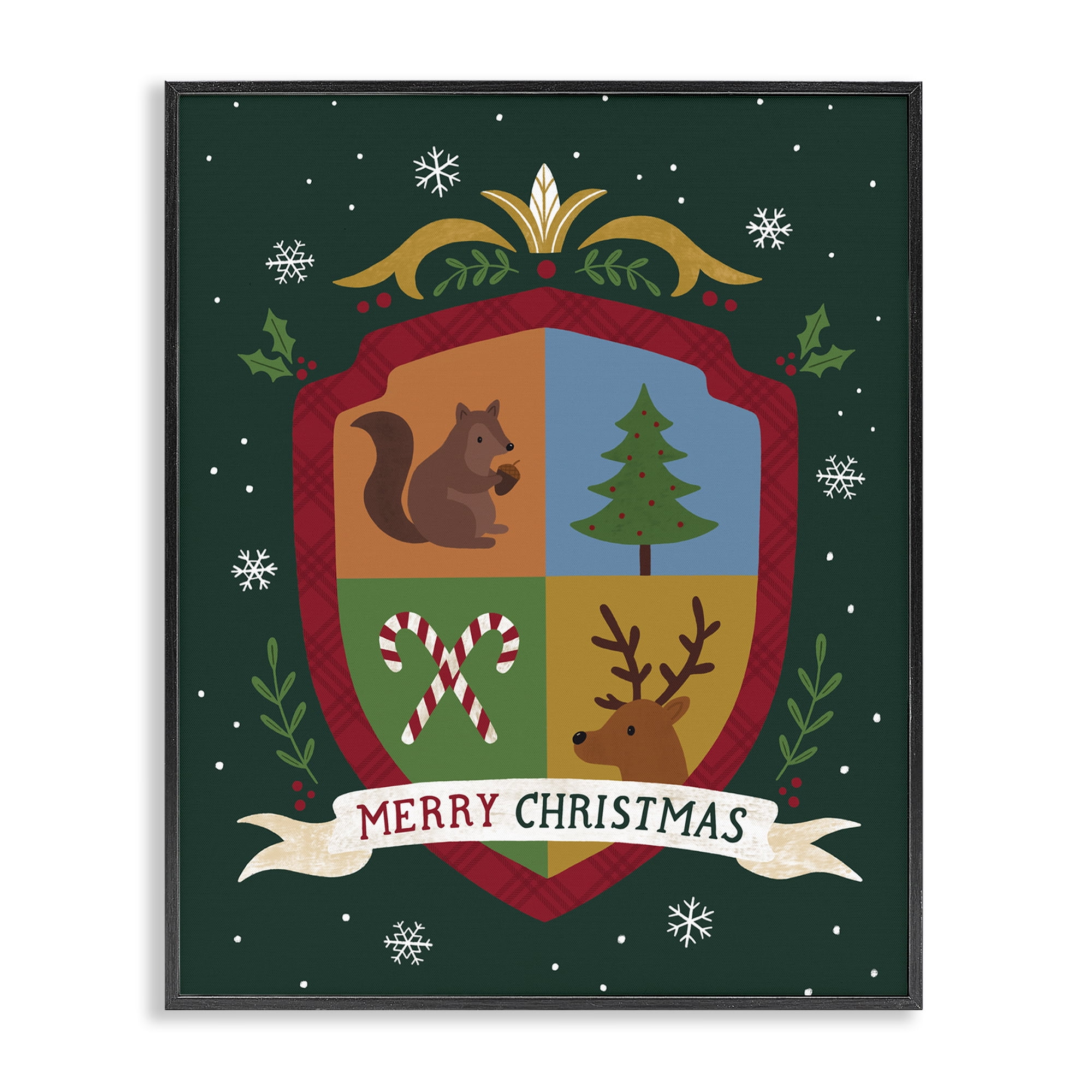 Stupell Industries Merry Christmas Woodland Crest Holiday Painting Black Framed Art Prints Wall Art, 24 x 30