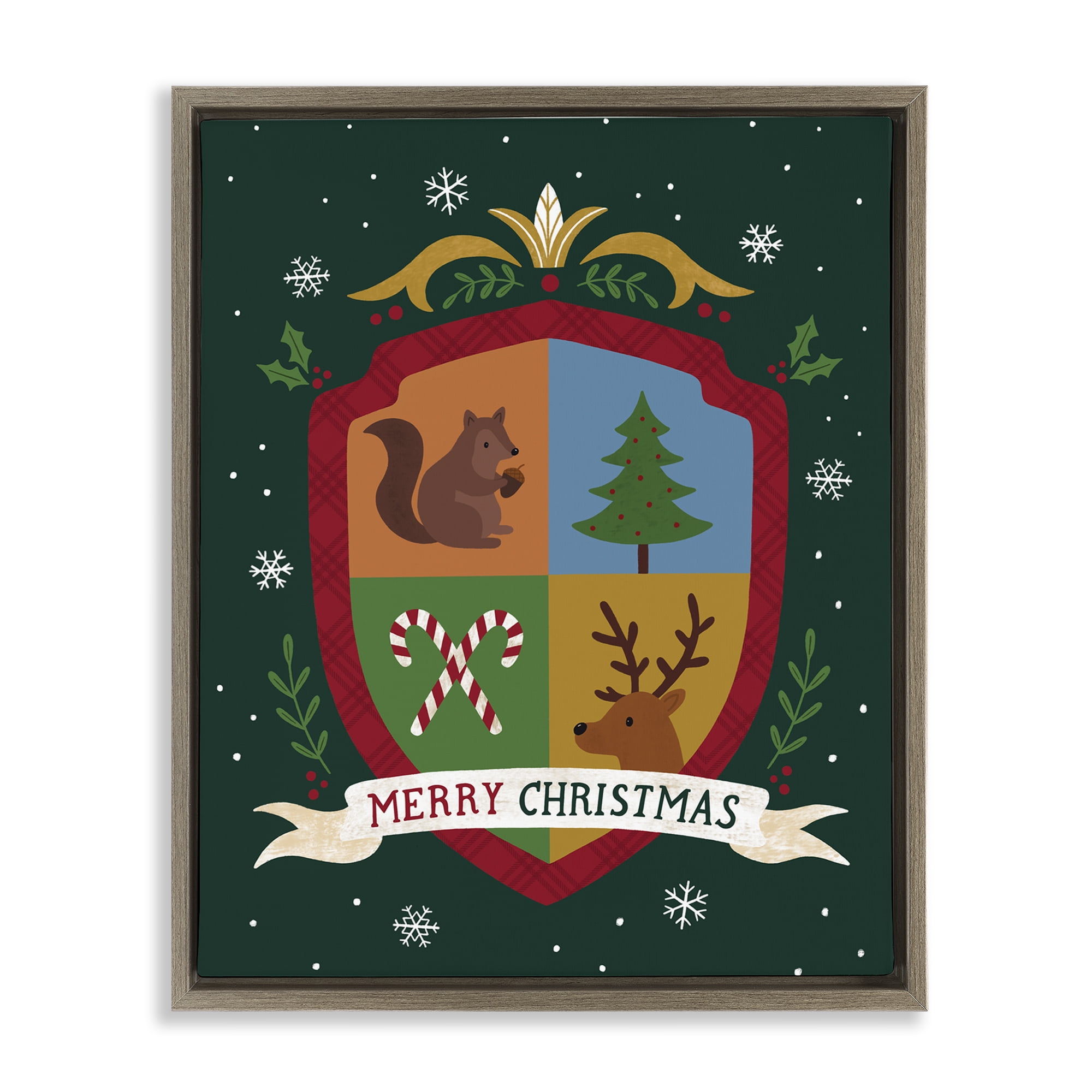 Stupell Industries Merry Christmas Woodland Crest Holiday Painting Brown Floater Framed Canvas Art Prints Wall Art, 25 x 31