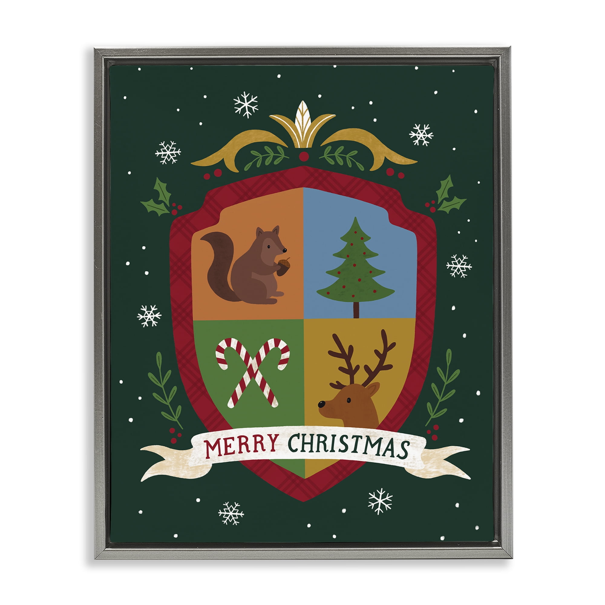 Stupell Industries Merry Christmas Woodland Crest Holiday Painting Gray Floater Framed Canvas Art Prints Wall Art, 25 x 31