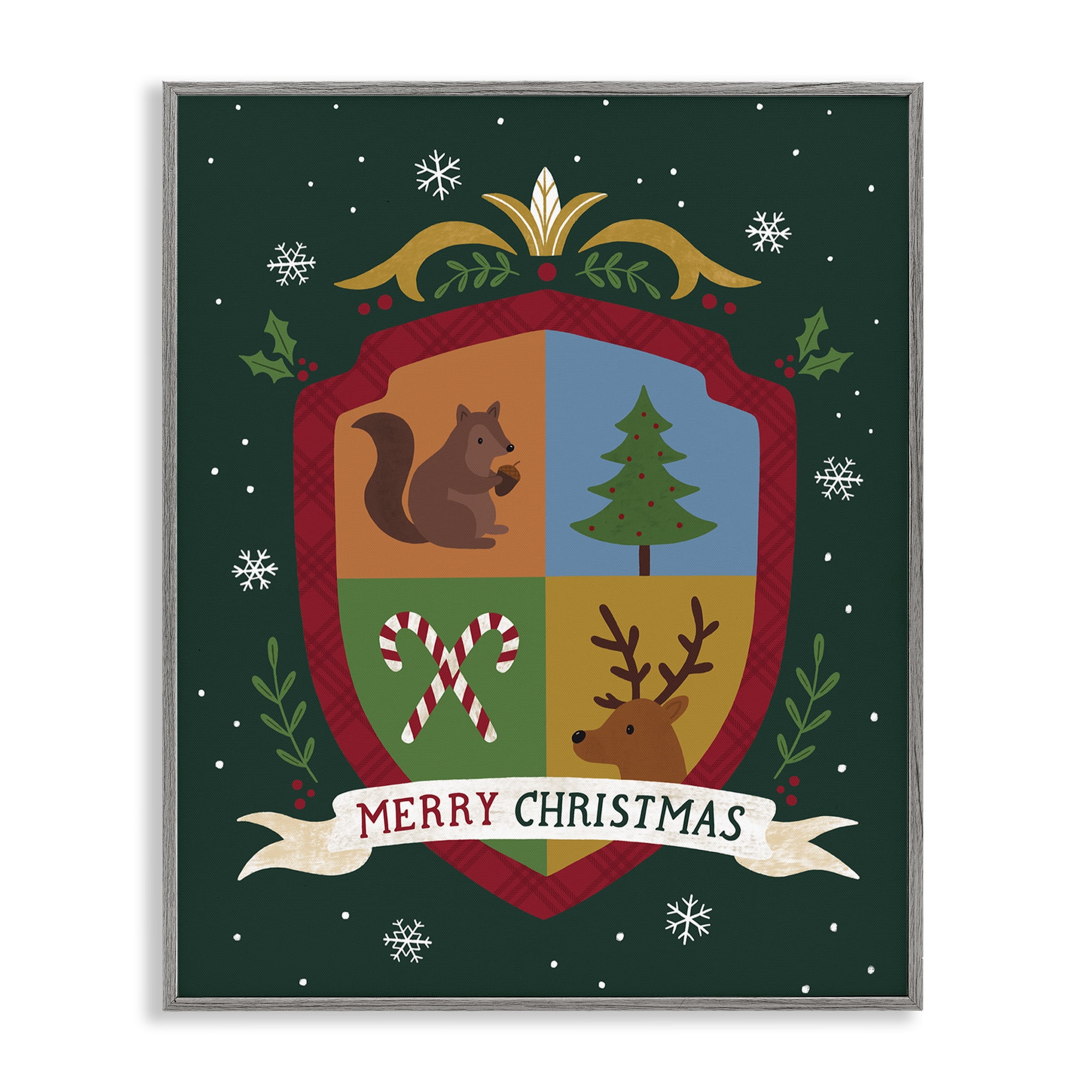 Stupell Industries Merry Christmas Woodland Crest Holiday Painting Gray Framed Art Prints Wall Art, 16 x 20