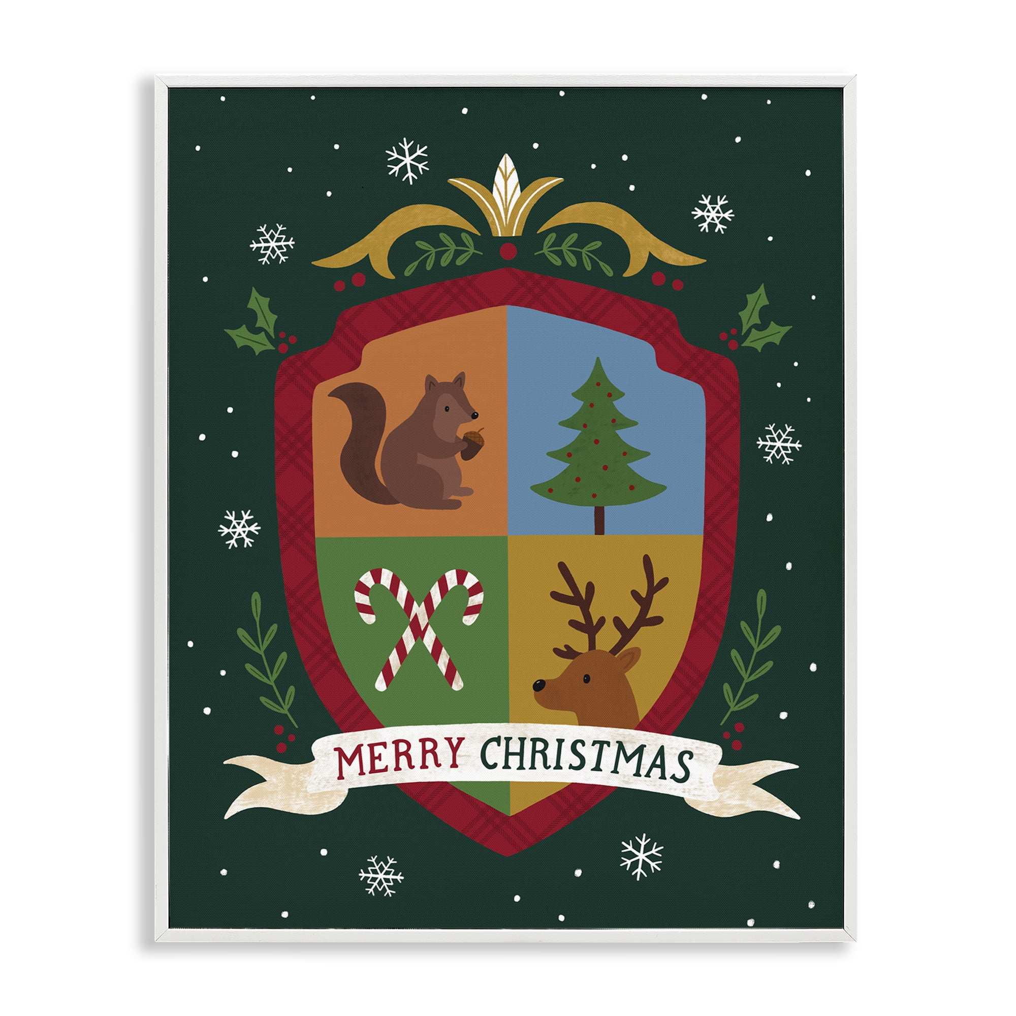 Stupell Industries Merry Christmas Woodland Crest Holiday Painting White Framed Art Prints Wall Art, 11 x 14