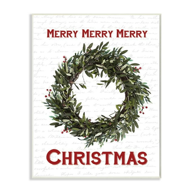 Stupell Industries Merry Christmas Wreath Holiday Word Design Wood Wall Art By Artist Lettered and Lined