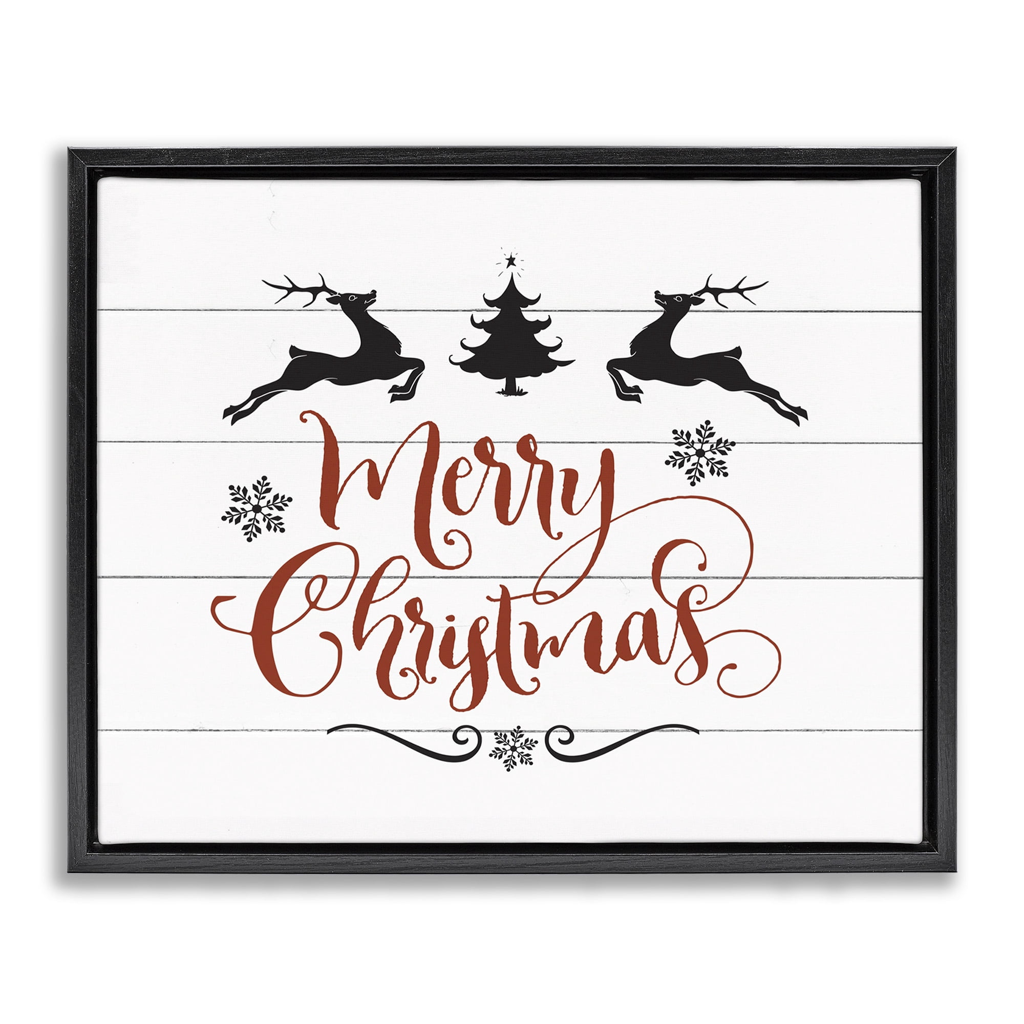 Stupell Industries Merry Christmas with Reindeer Holiday Painting Black Floater Framed Canvas Art Print Wall Art, 31 x 25