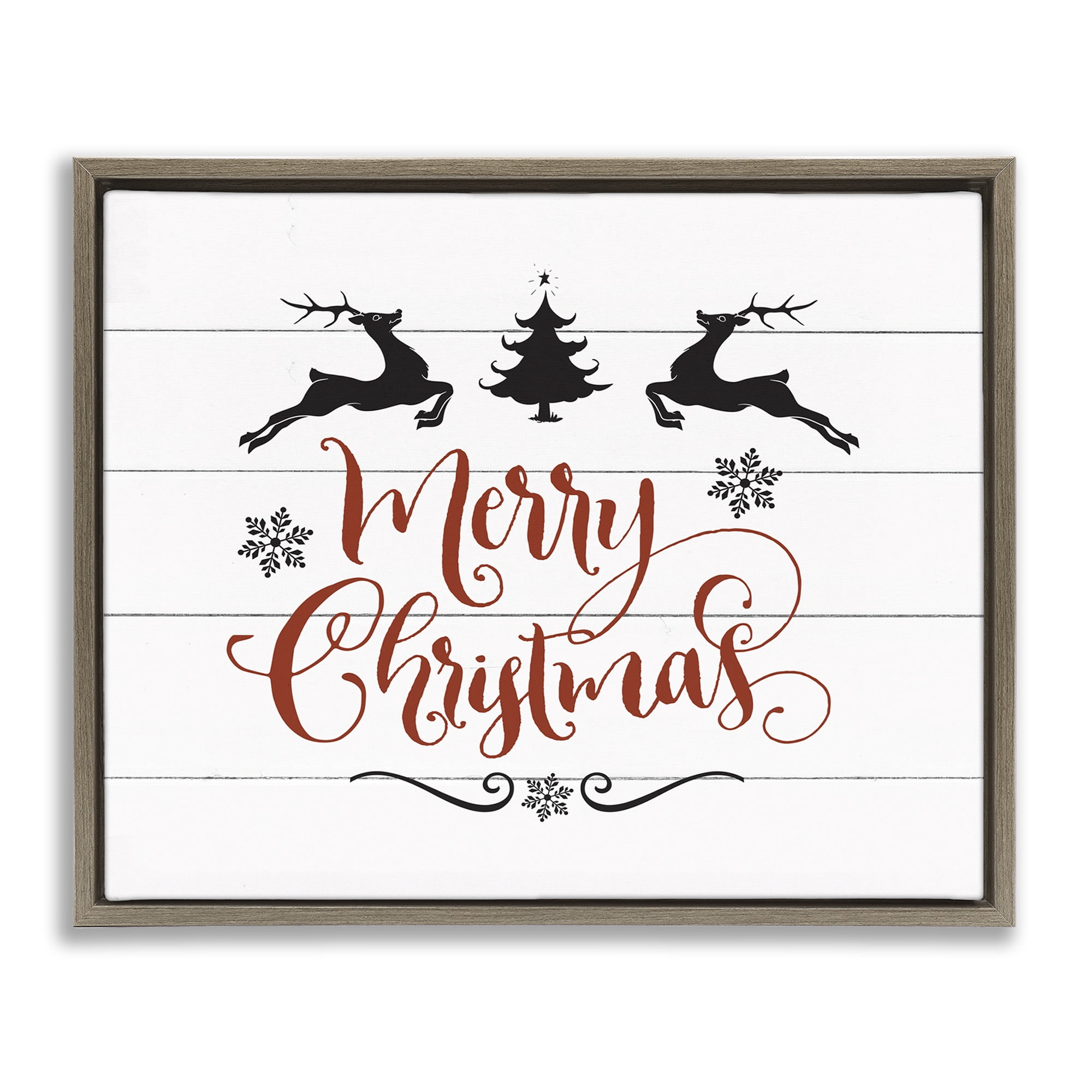 Stupell Industries Merry Christmas with Reindeer Holiday Painting Brown Floater Framed Canvas Art Print Wall Art, 21 x 17