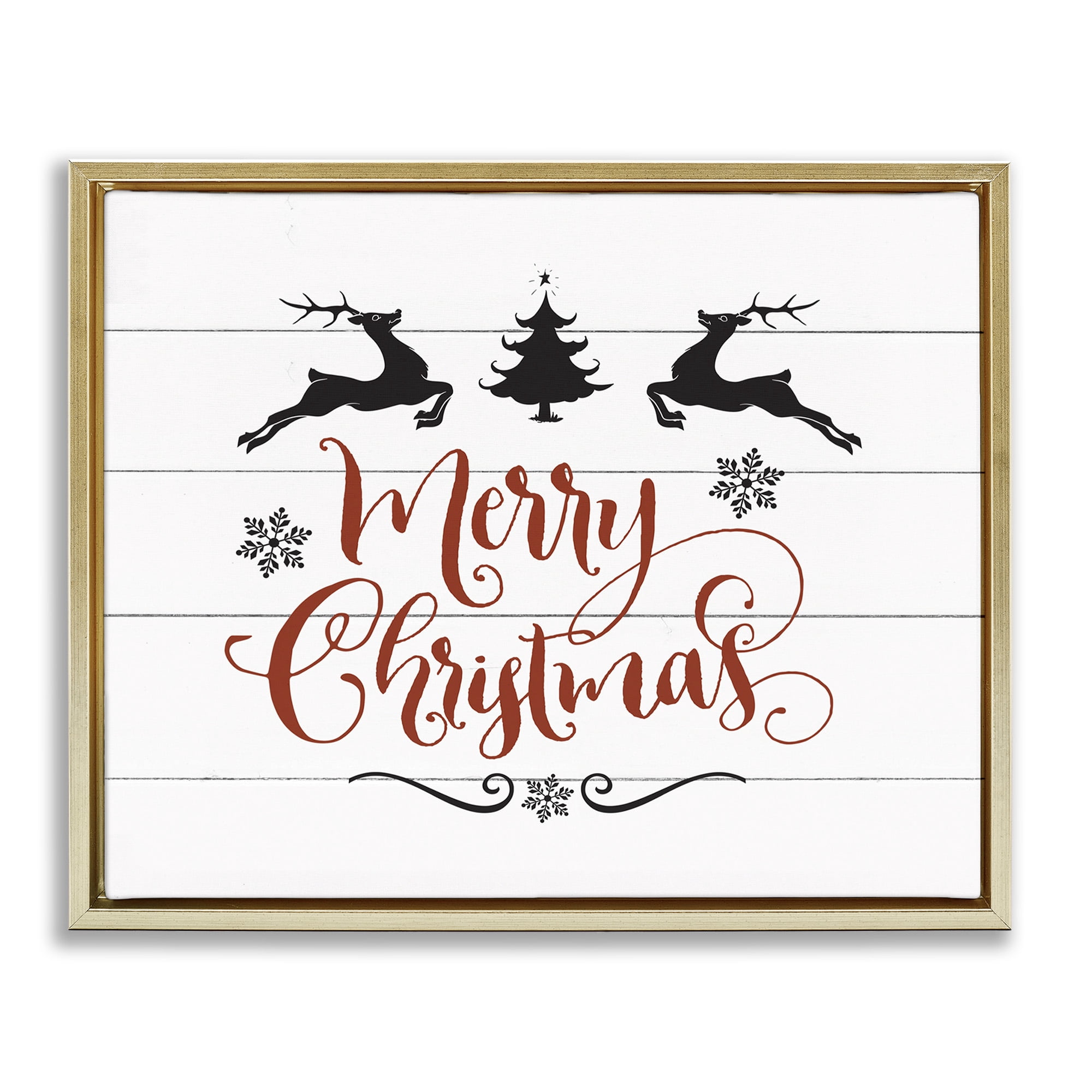 Stupell Industries Merry Christmas with Reindeer Holiday Painting Gold Floater Framed Canvas Art Print Wall Art, 31 x 25