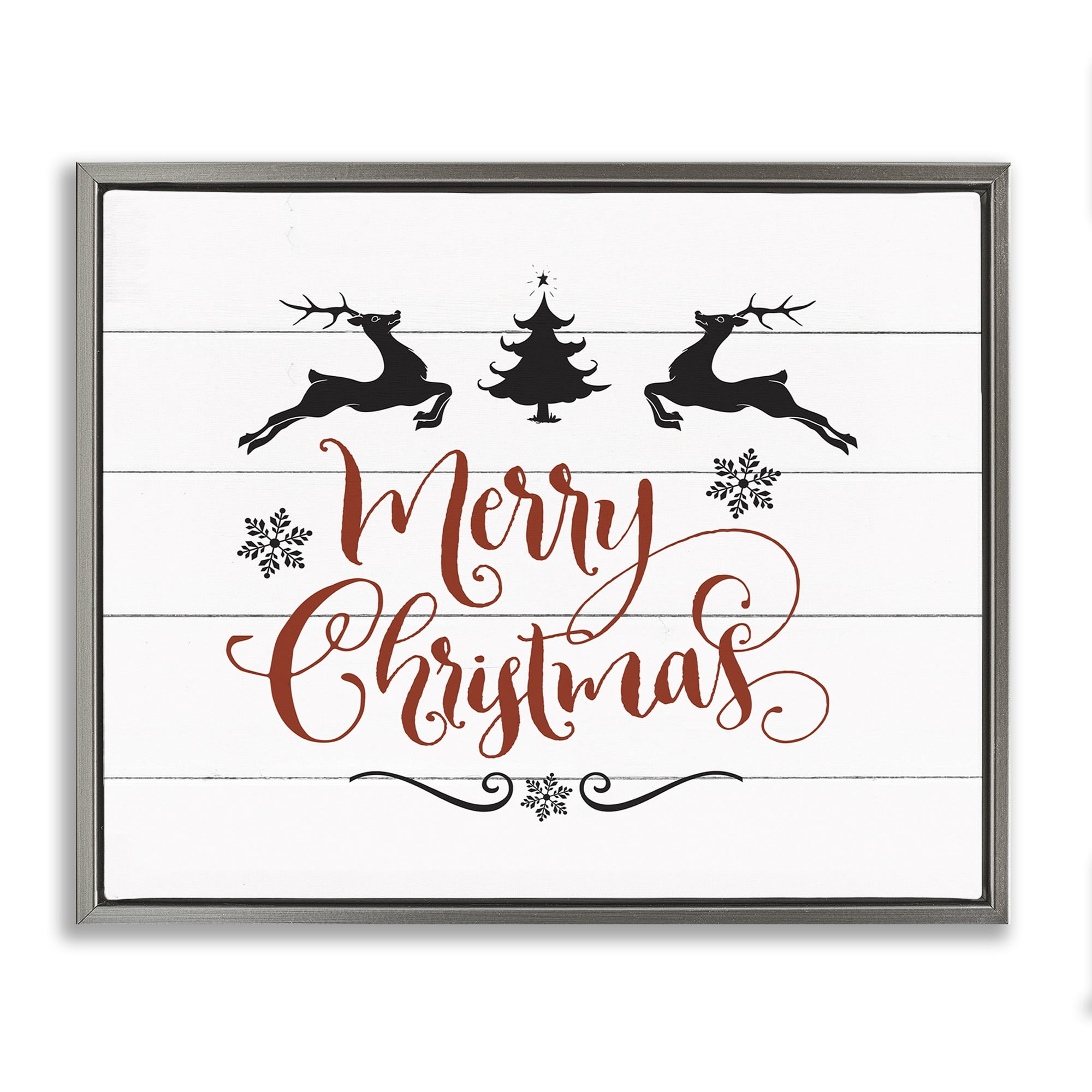 Stupell Industries Merry Christmas with Reindeer Holiday Painting Gray Floater Framed Canvas Art Print Wall Art, 21 x 17