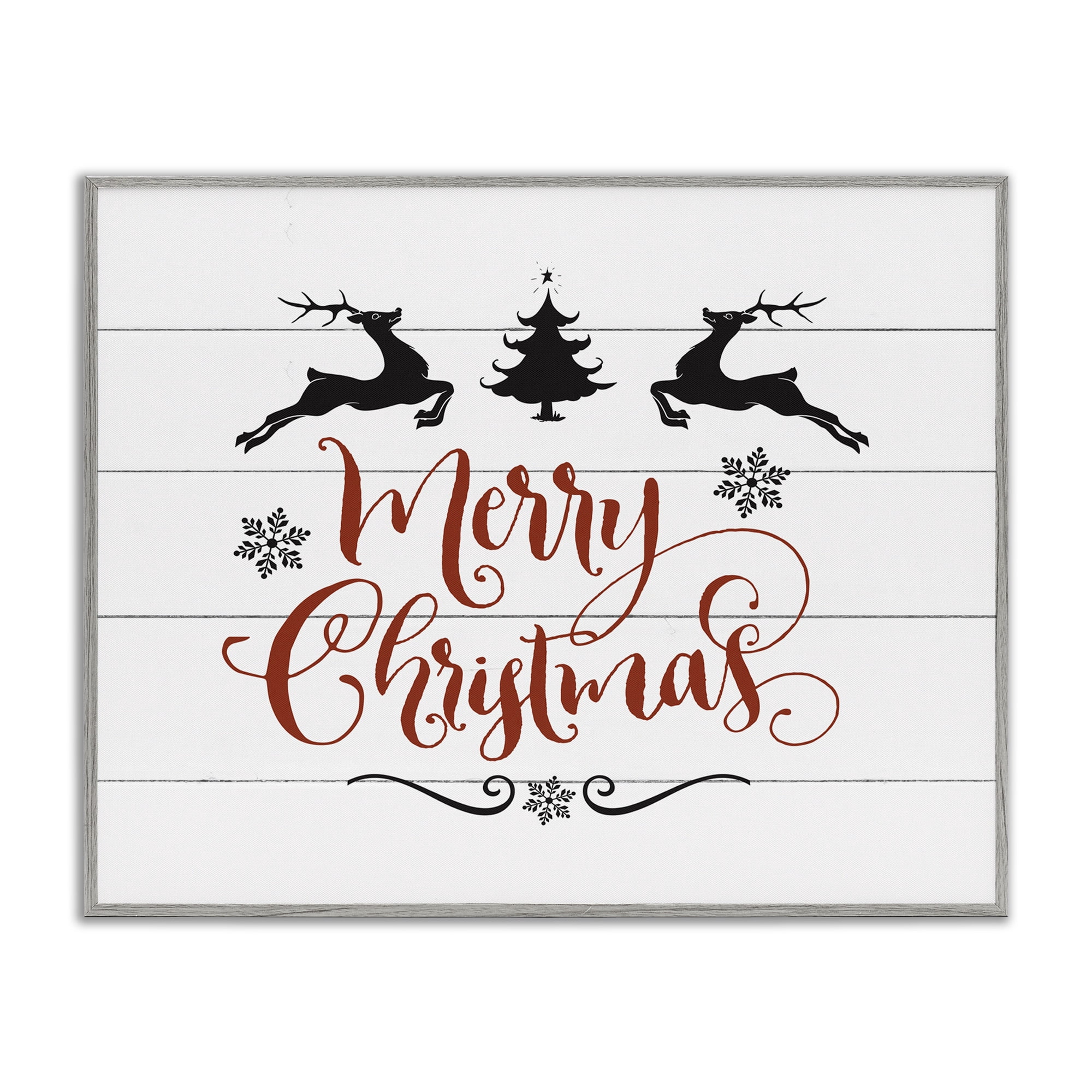 Stupell Industries Merry Christmas with Reindeer Holiday Painting Gray Framed Art Print Wall Art, 14 x 11