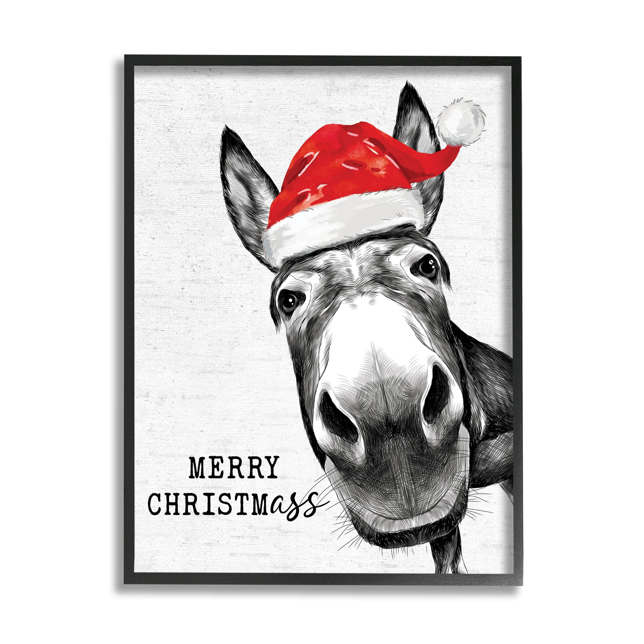 Stupell Industries Merry Christmass Funny Donkey Graphic Art Black Framed Art Print Wall Art, Design by Lettered and Lined