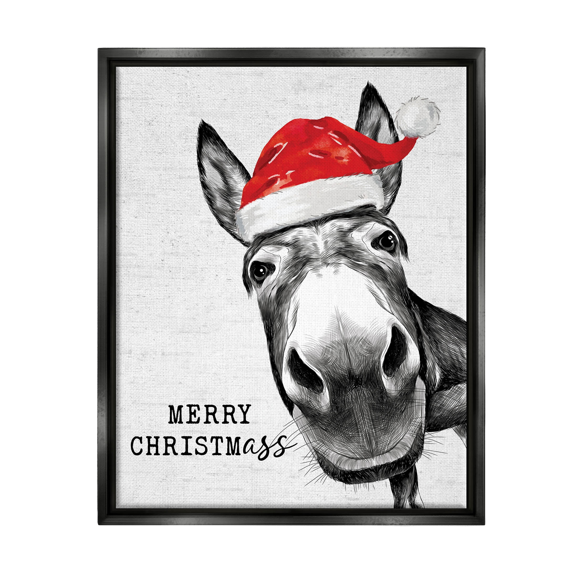 Stupell Industries Merry Christmass Funny Donkey Graphic Art Jet Black Floating Framed Canvas Print Wall Art, Design by Lettered and Lined