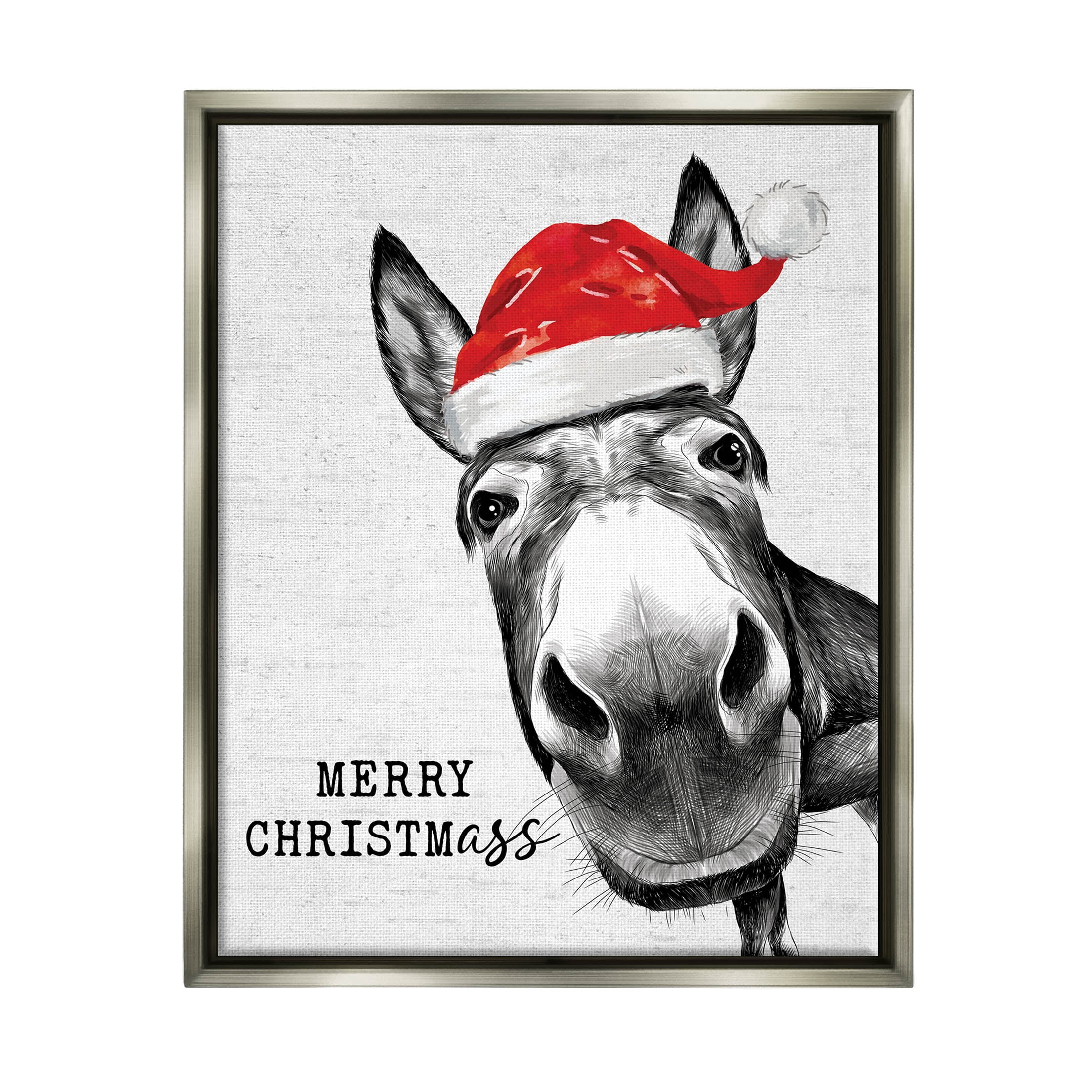 Stupell Industries Merry Christmass Funny Donkey Graphic Art Luster Gray Floating Framed Canvas Print Wall Art, Design by Lettered and Lined