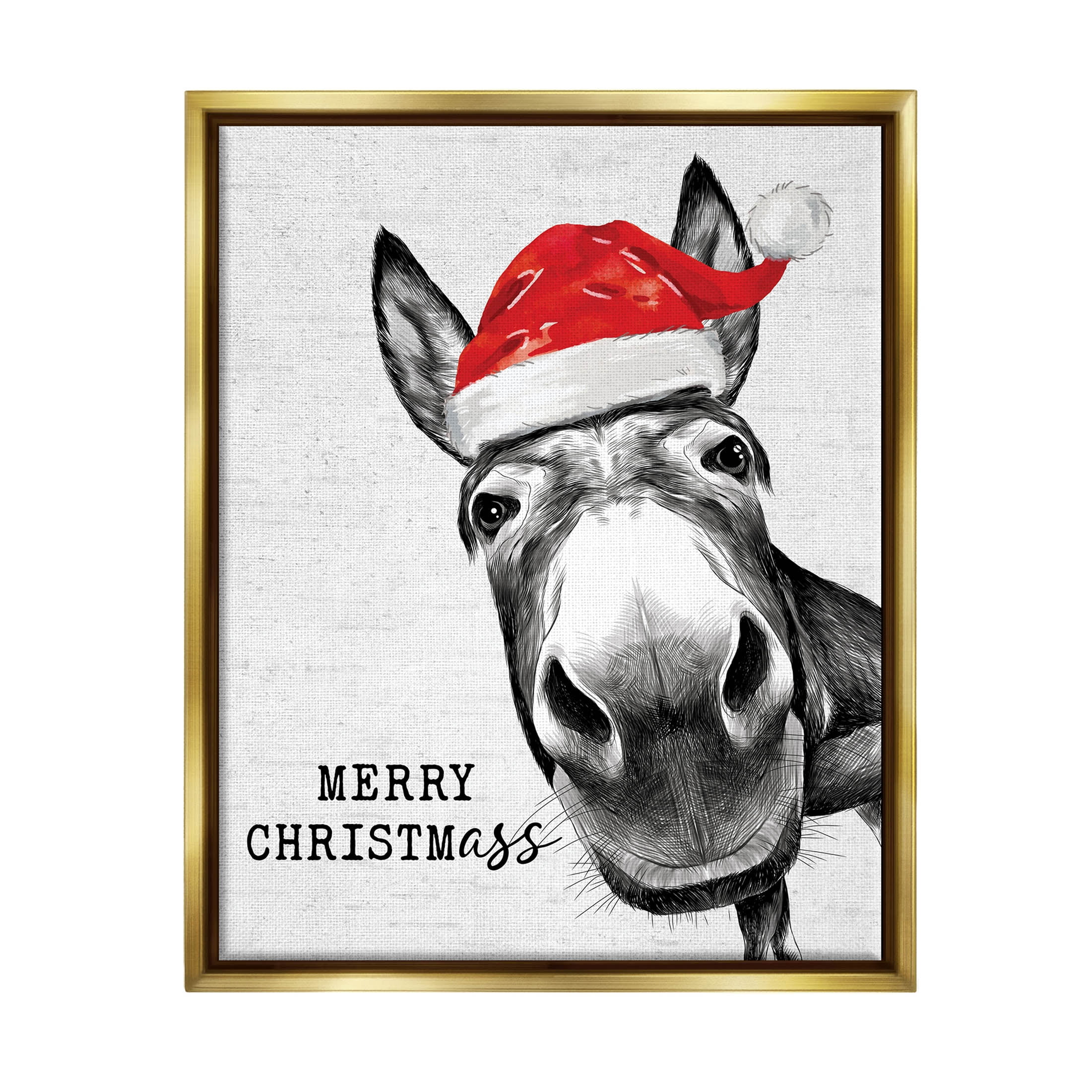 Stupell Industries Merry Christmass Funny Donkey Graphic Art Metallic Gold Floating Framed Canvas Print Wall Art, Design by Lettered and Lined
