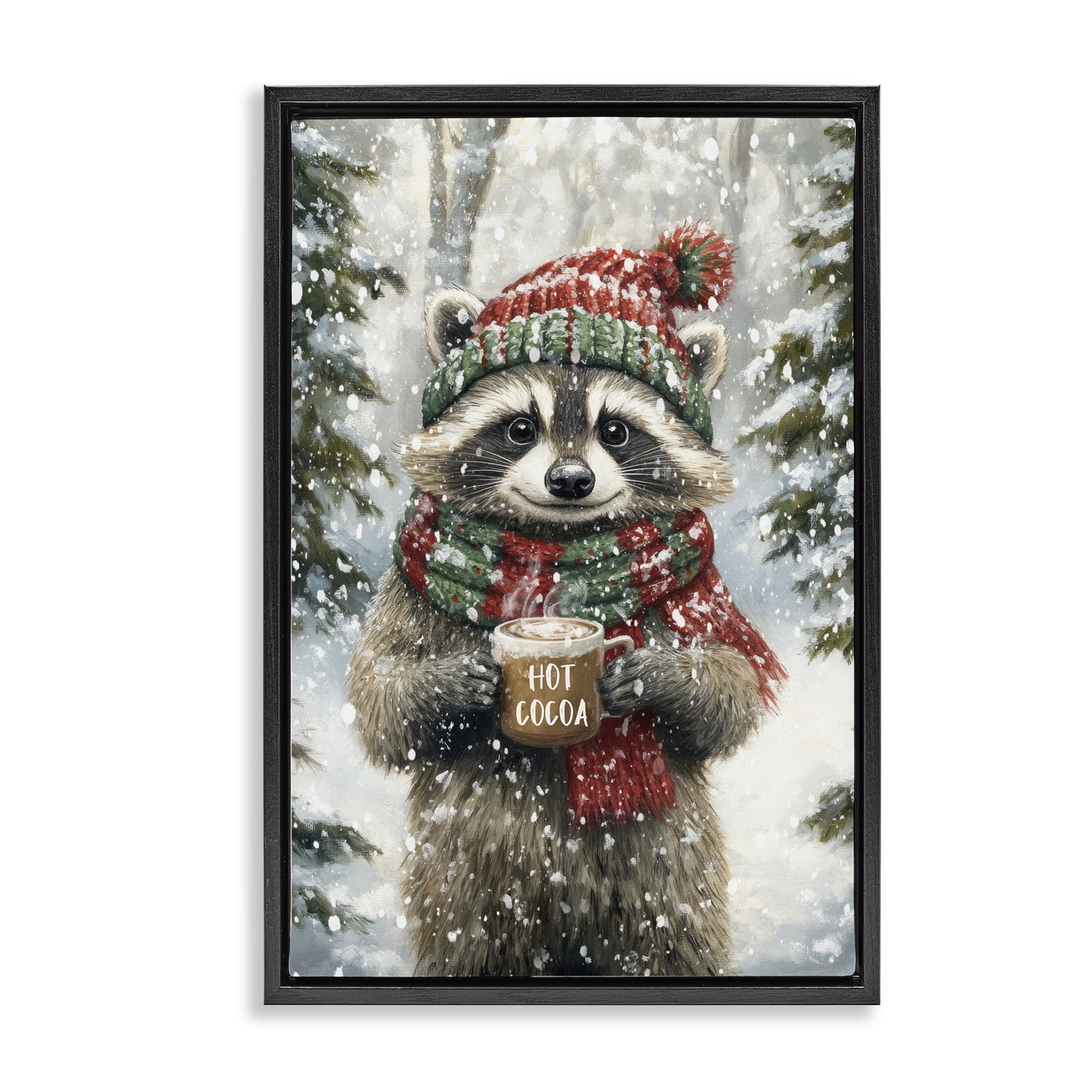 Stupell Industries Merry Cocoa Raccoon Black Framed Floater Canvas Wall Art, design by Tina LeCour