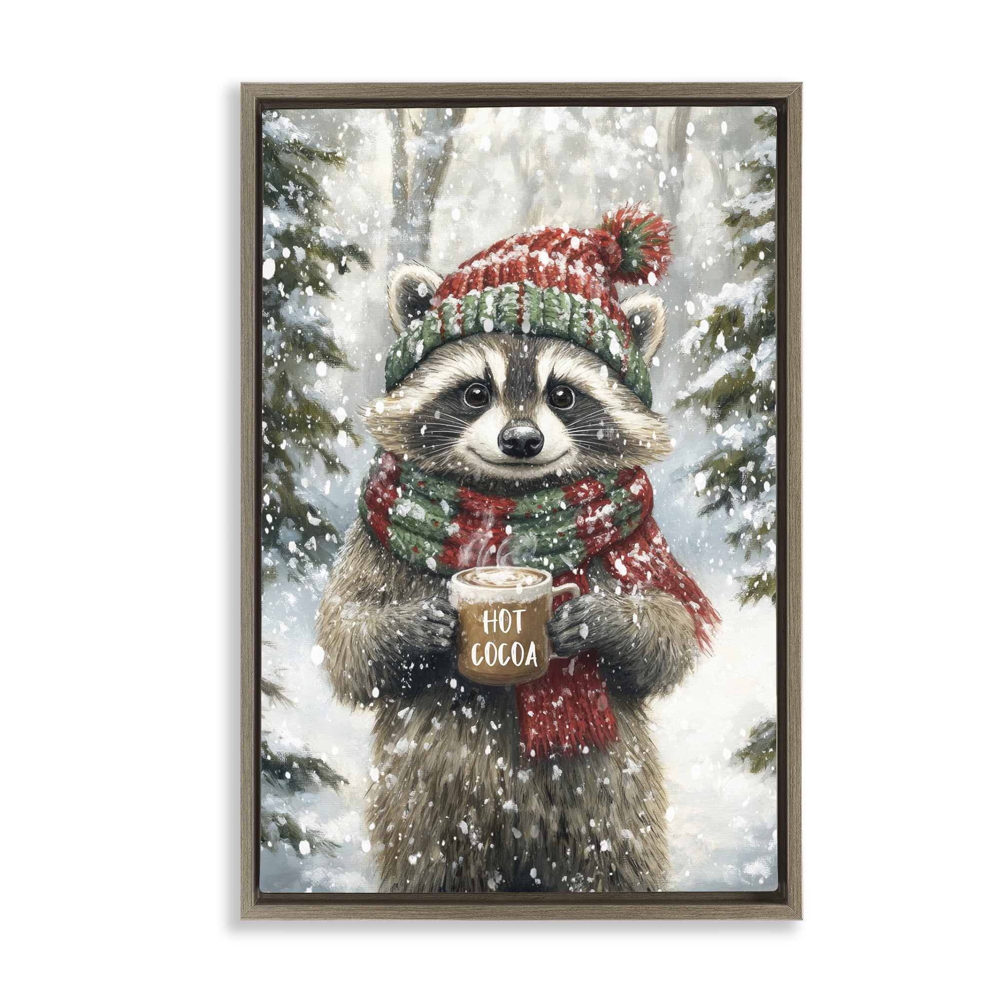 Stupell Industries Merry Cocoa Raccoon Brown Framed Floater Canvas Wall Art, design by Tina LeCour