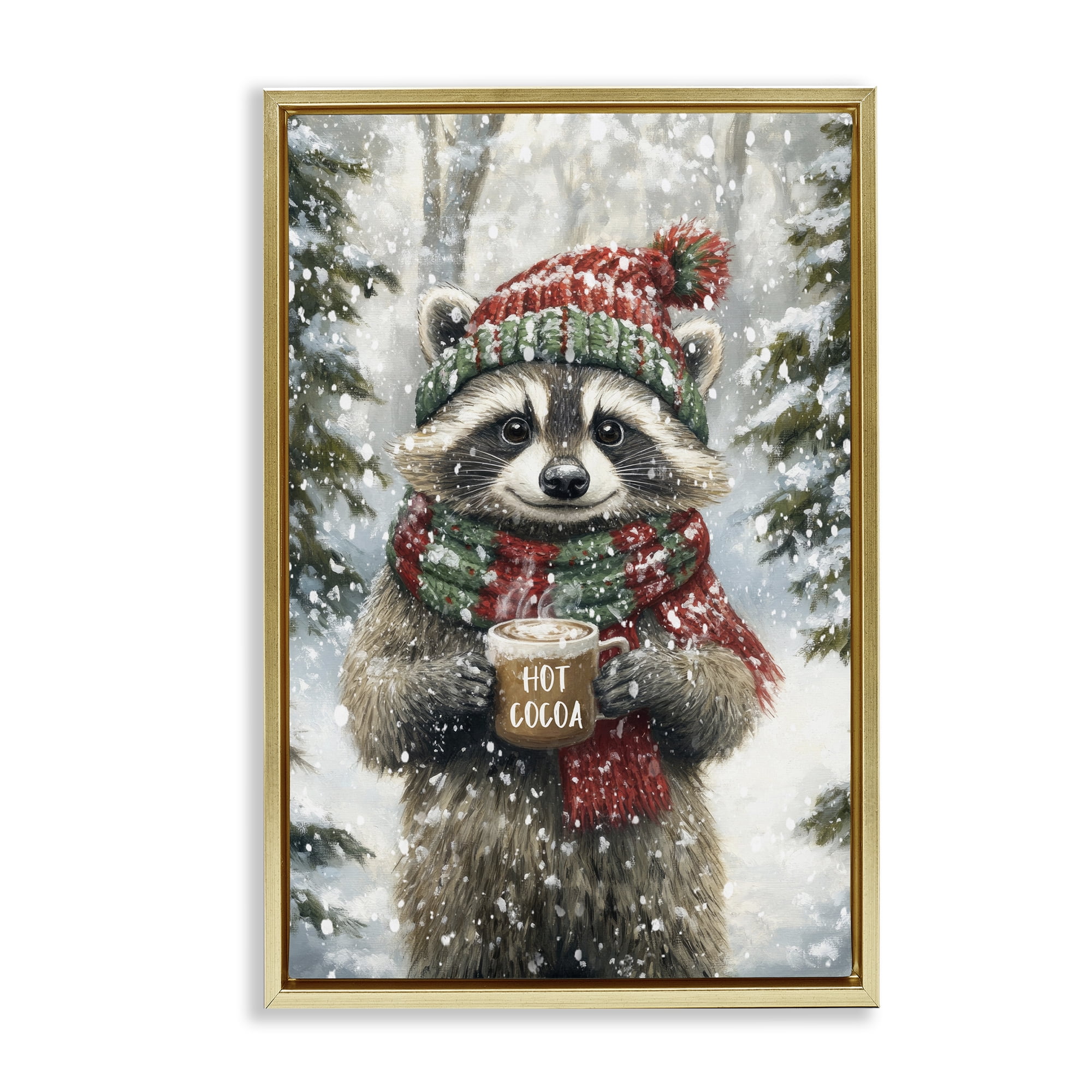 Stupell Industries Merry Cocoa Raccoon Gold Framed Floater Canvas Wall Art, design by Tina LeCour