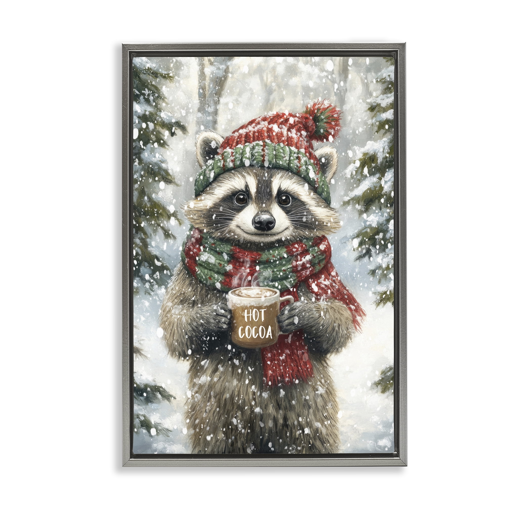 Stupell Industries Merry Cocoa Raccoon Gray Framed Floater Canvas Wall Art, design by Tina LeCour