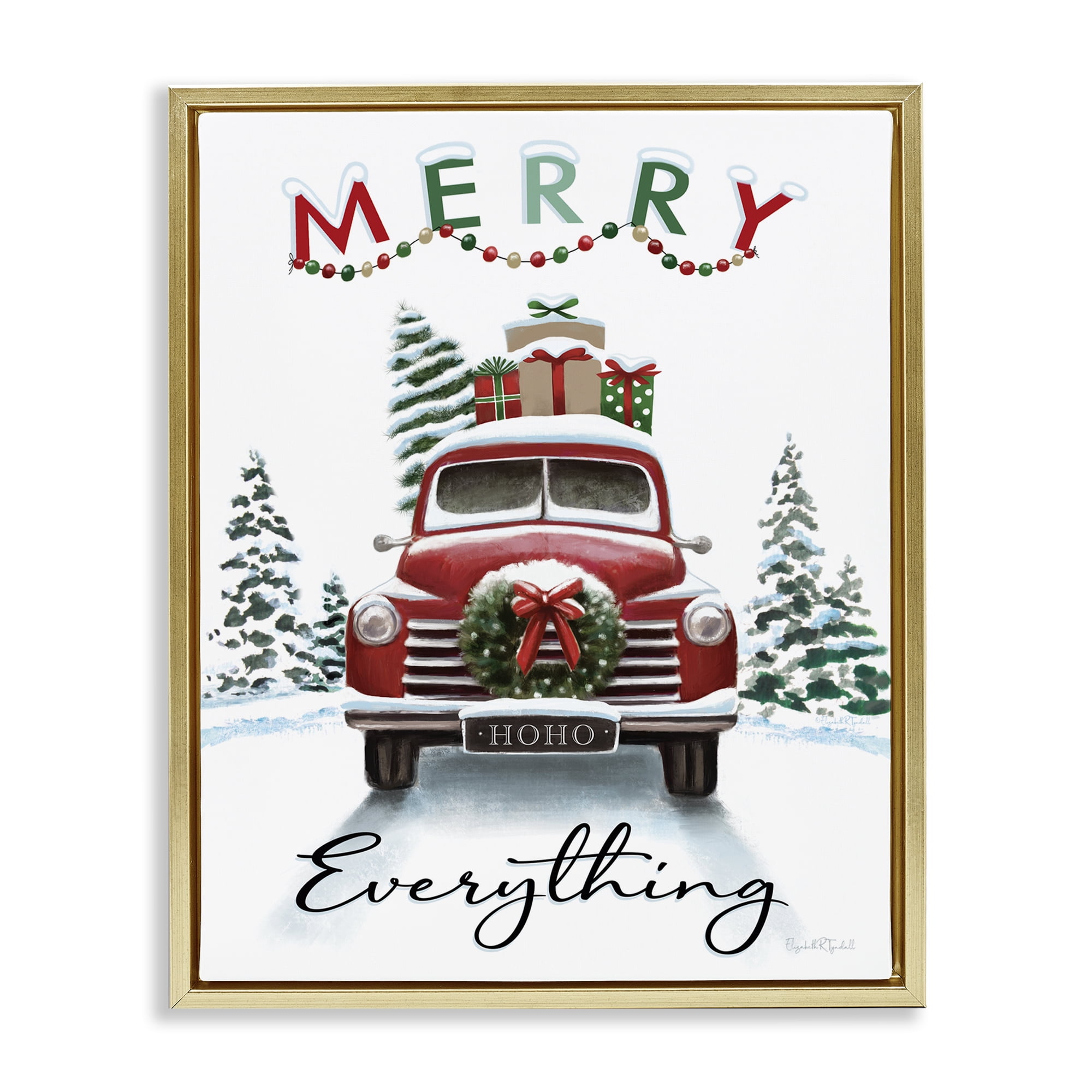 Stupell Industries Merry Everything Gift Car Holiday Painting Gold Floater Framed Canvas Art Prints Wall Art, 17 x 21