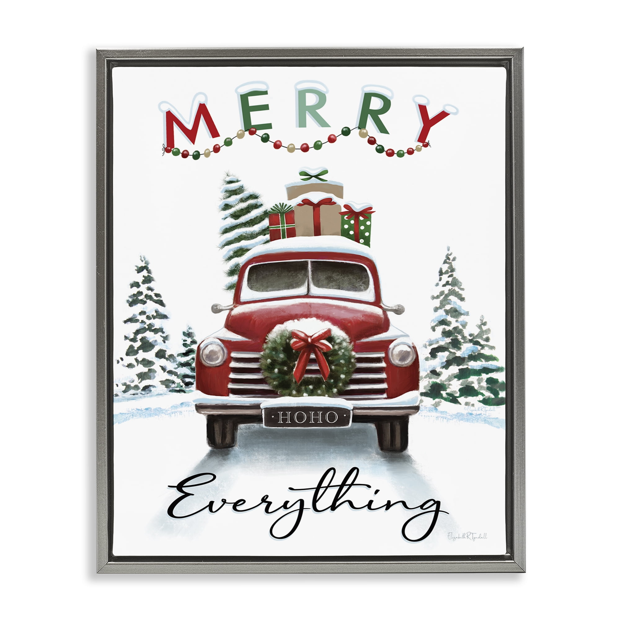 Stupell Industries Merry Everything Gift Car Holiday Painting Gray Floater Framed Canvas Art Prints Wall Art, 17 x 21