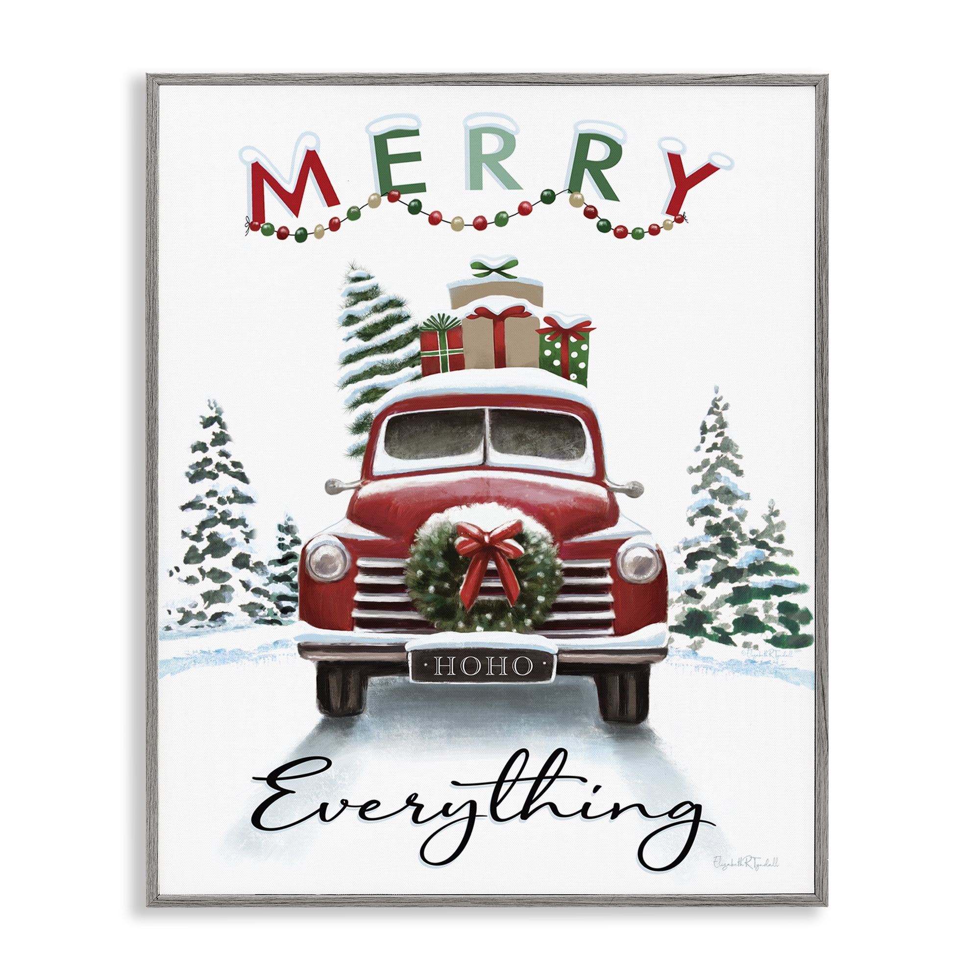 Stupell Industries Merry Everything Gift Car Holiday Painting Gray Framed Art Prints Wall Art, 11 x 14