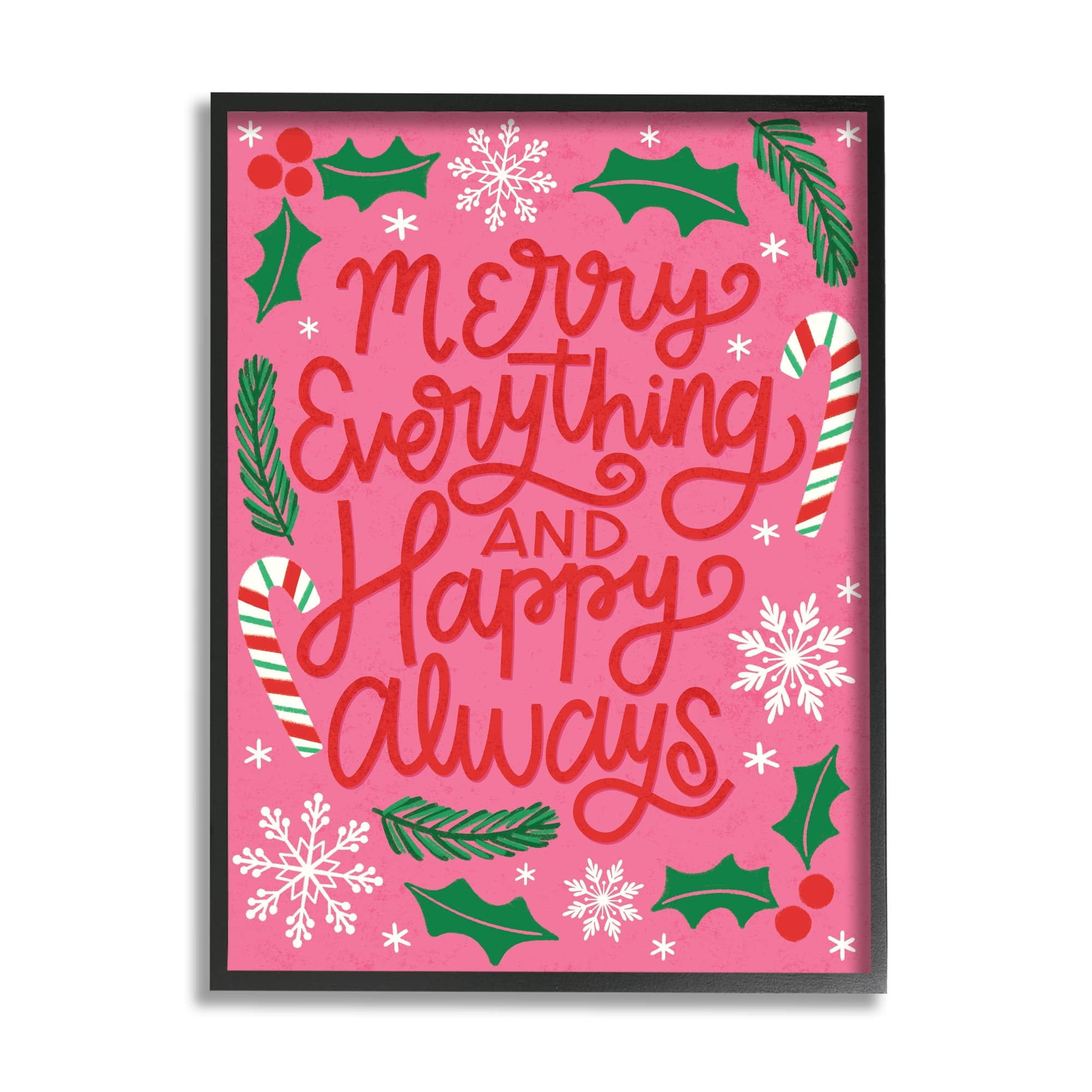 Stupell Industries Merry Everything and Happy Always Phrase Candy Cane Inspirational Painting Black Framed Art Print Wall Art, 24 x 30