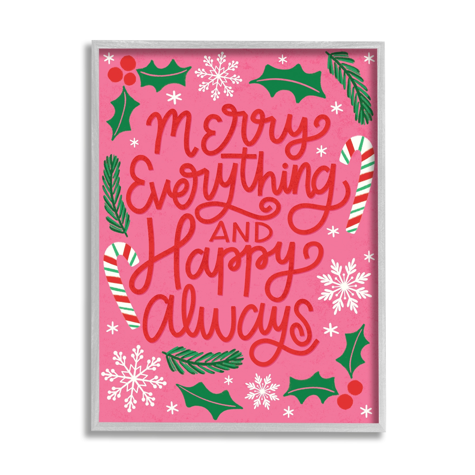 Stupell Industries Merry Everything and Happy Always Phrase Candy Cane Inspirational Painting Gray Framed Art Print Wall Art, 11 x 14