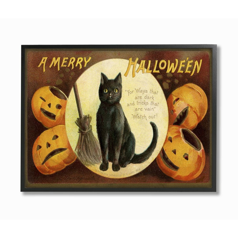 Stupell Industries A Merry Halloween Pumpkins And Black Cat Seasonal Holiday Design Graphic Art Black Framed Art Print Wall Art, 24x30, by Daphne Polselli