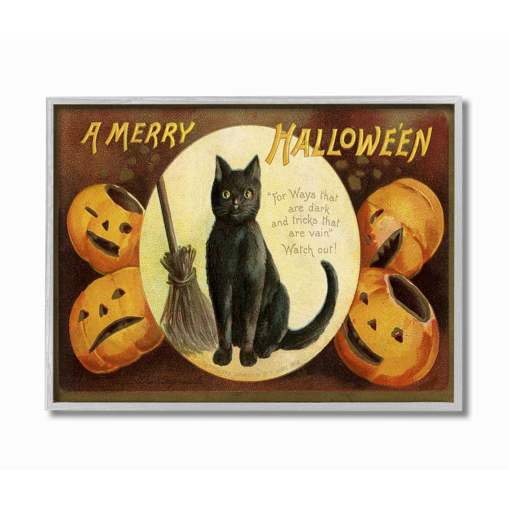 Stupell Industries A Merry Halloween Pumpkins And Black Cat Seasonal Holiday Design Graphic Art Gray Framed Art Print Wall Art, 16x20, by Daphne Polselli