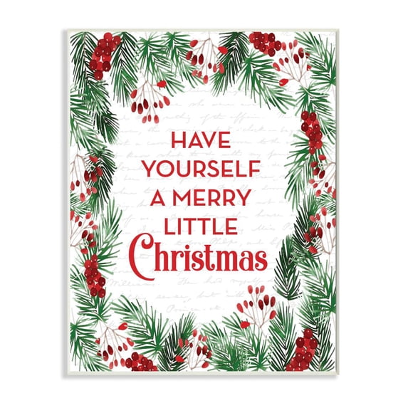 Stupell Industries Merry Little Christmas Pine Wreath Holiday Word Design Wood Wall Art By Artist Lettered and Lined