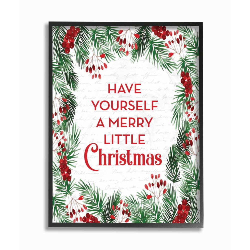 Stupell Industries Merry Little Christmas Pine Wreath Holiday Word DesignFramed Wall Art By Artist Lettered and Lined
