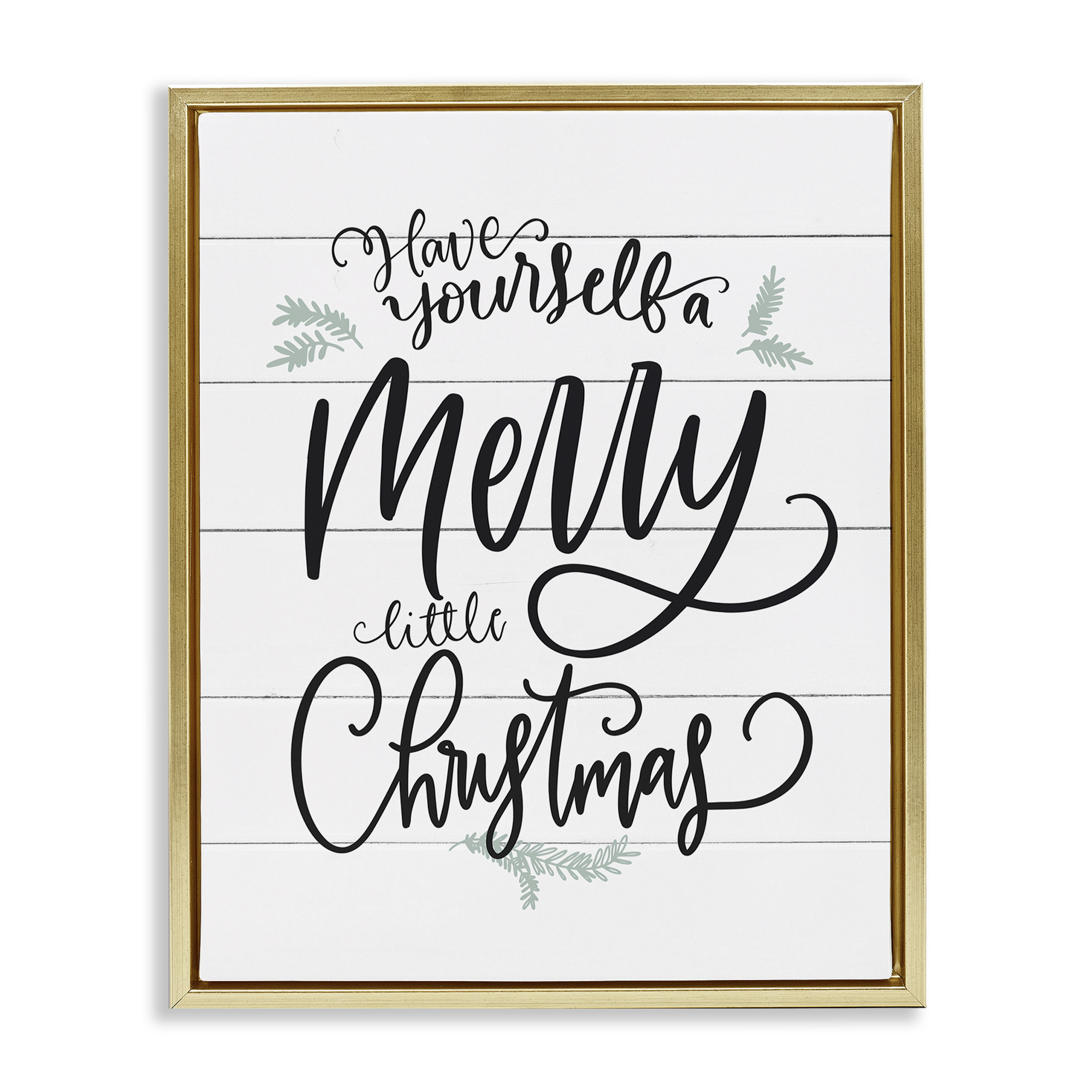 Stupell Industries Merry Little Christmas Planked Phrase Holiday Painting Gold Floater Framed Canvas Art Print Wall Art, 17 x 21