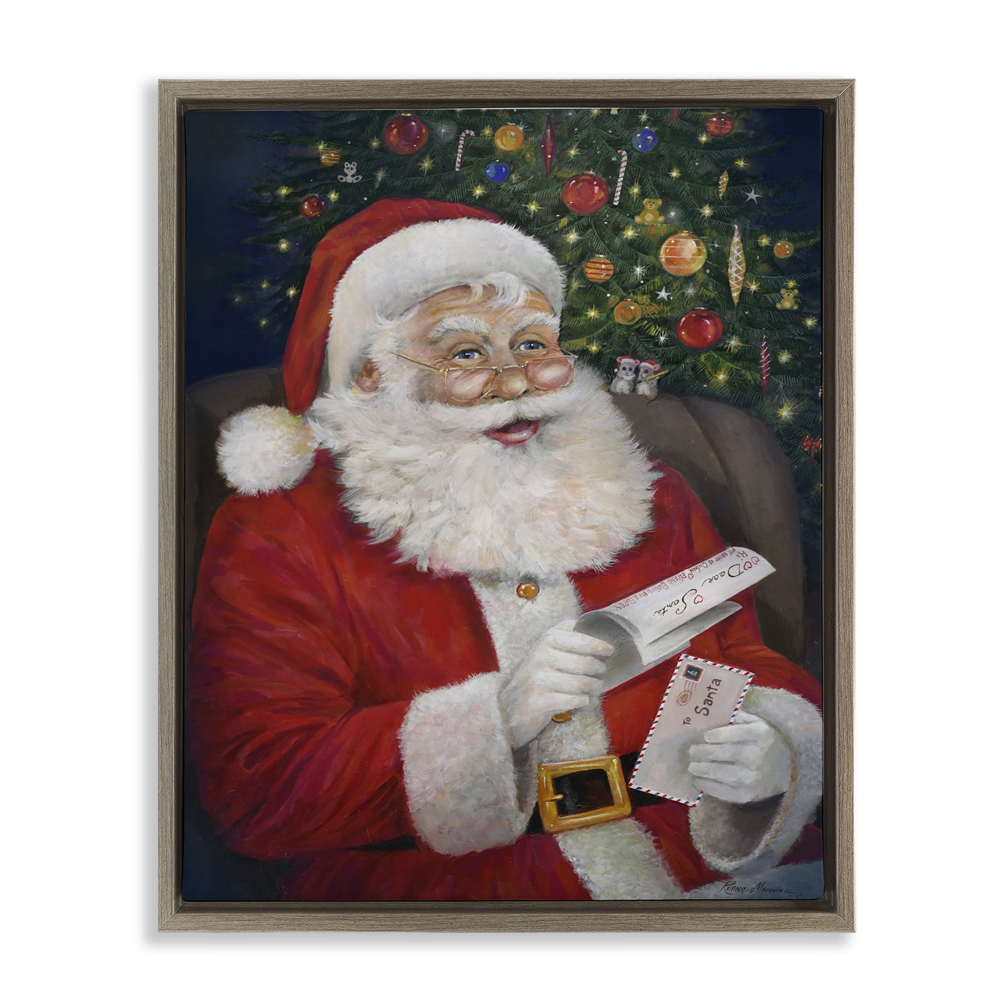 Stupell Industries Merry Santa Claus Holiday Painting Brown Floater Framed Canvas Art Prints Wall Art, 17 x 21