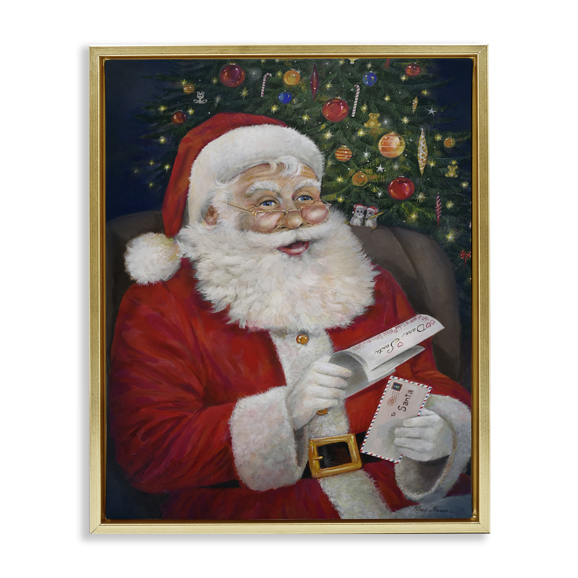Stupell Industries Merry Santa Claus Holiday Painting Gold Floater Framed Canvas Art Prints Wall Art, 25 x 31