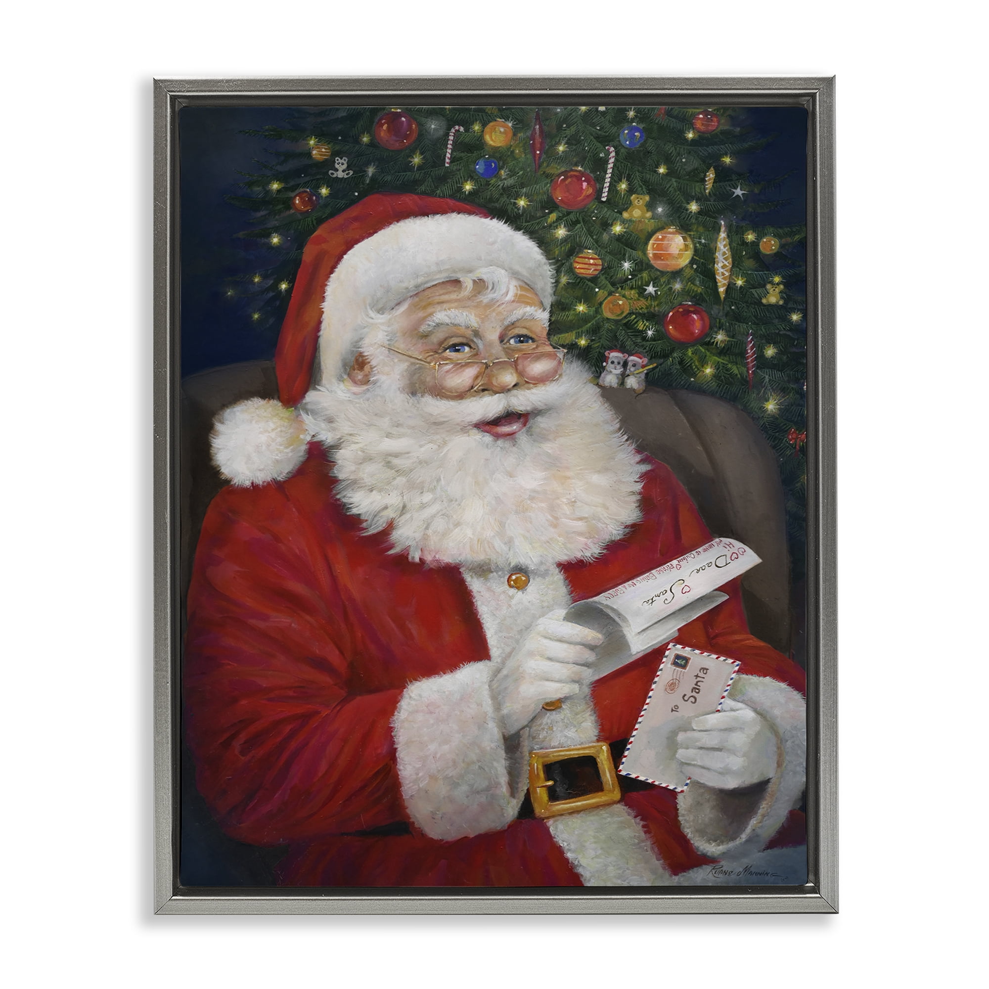 Stupell Industries Merry Santa Claus Holiday Painting Gray Floater Framed Canvas Art Prints Wall Art, 17 x 21