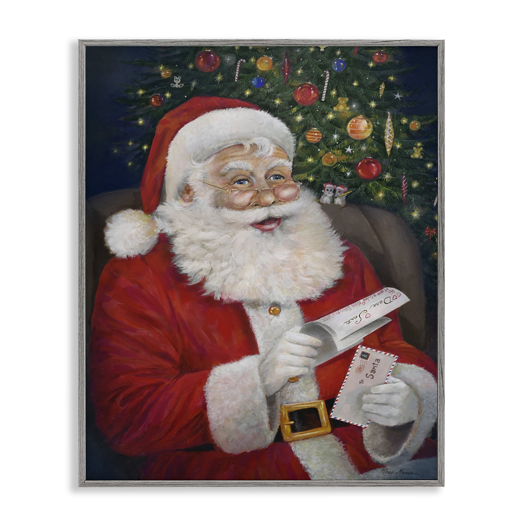 Stupell Industries Merry Santa Claus Holiday Painting Gray Framed Art Prints Wall Art, 16 x 20
