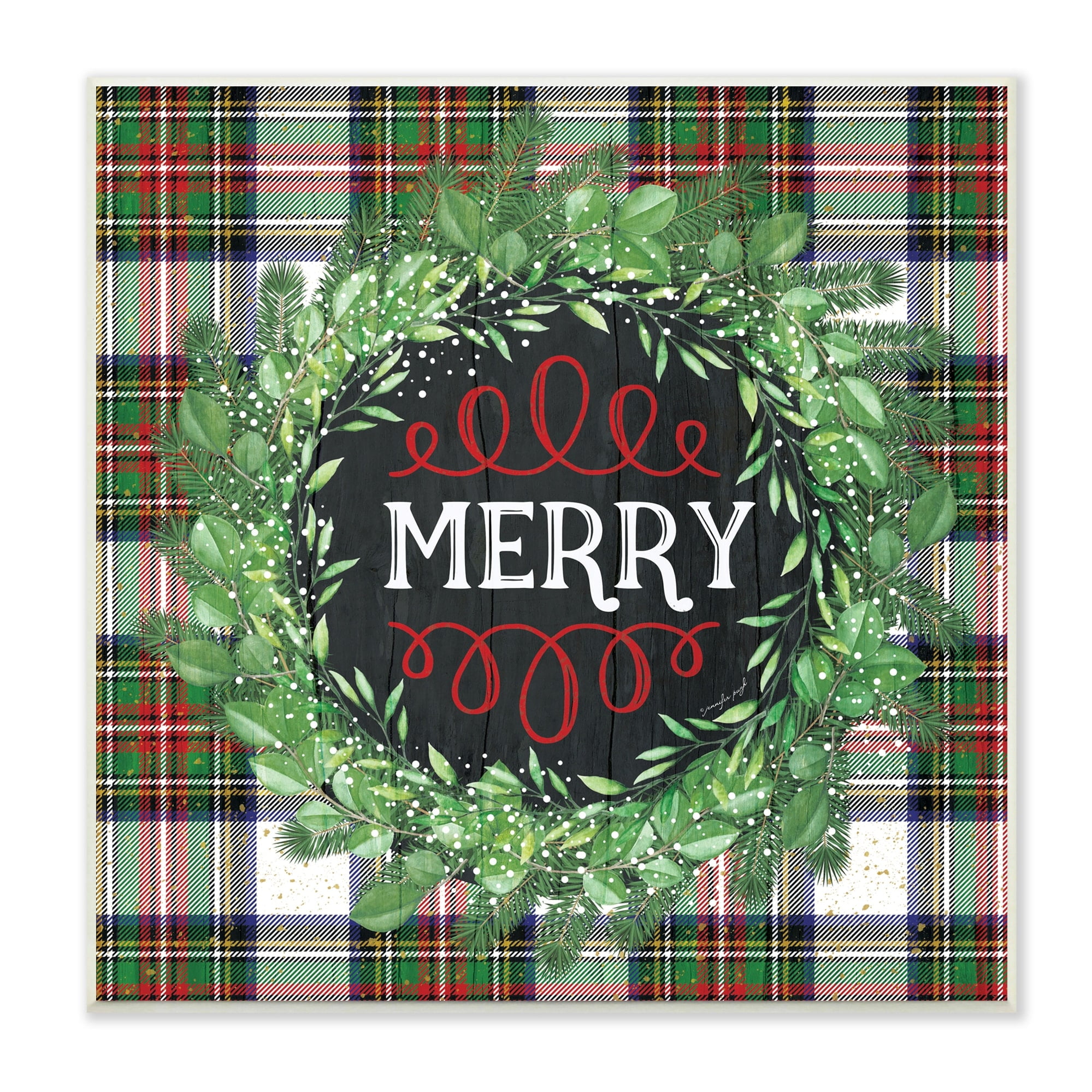 Stupell Industries Merry Sentiment Winter Pine Wreath Green Christmas Plaid, 12 x 12,Design by Jennifer Pugh