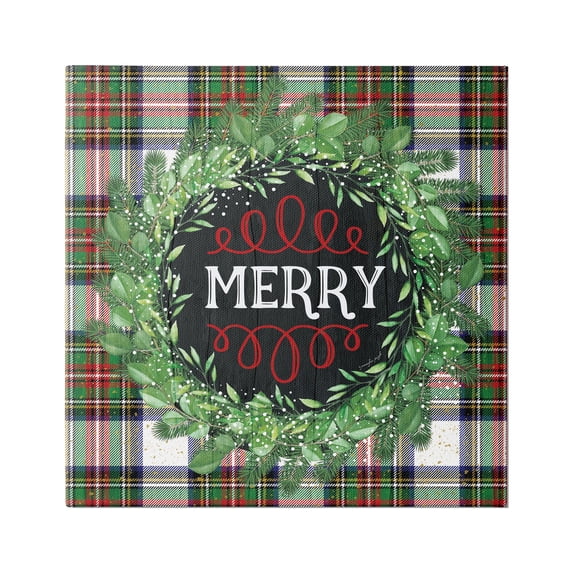 Stupell Industries Merry Sentiment Winter Pine Wreath Green Christmas Plaid, 17 x 17,Design by Jennifer Pugh