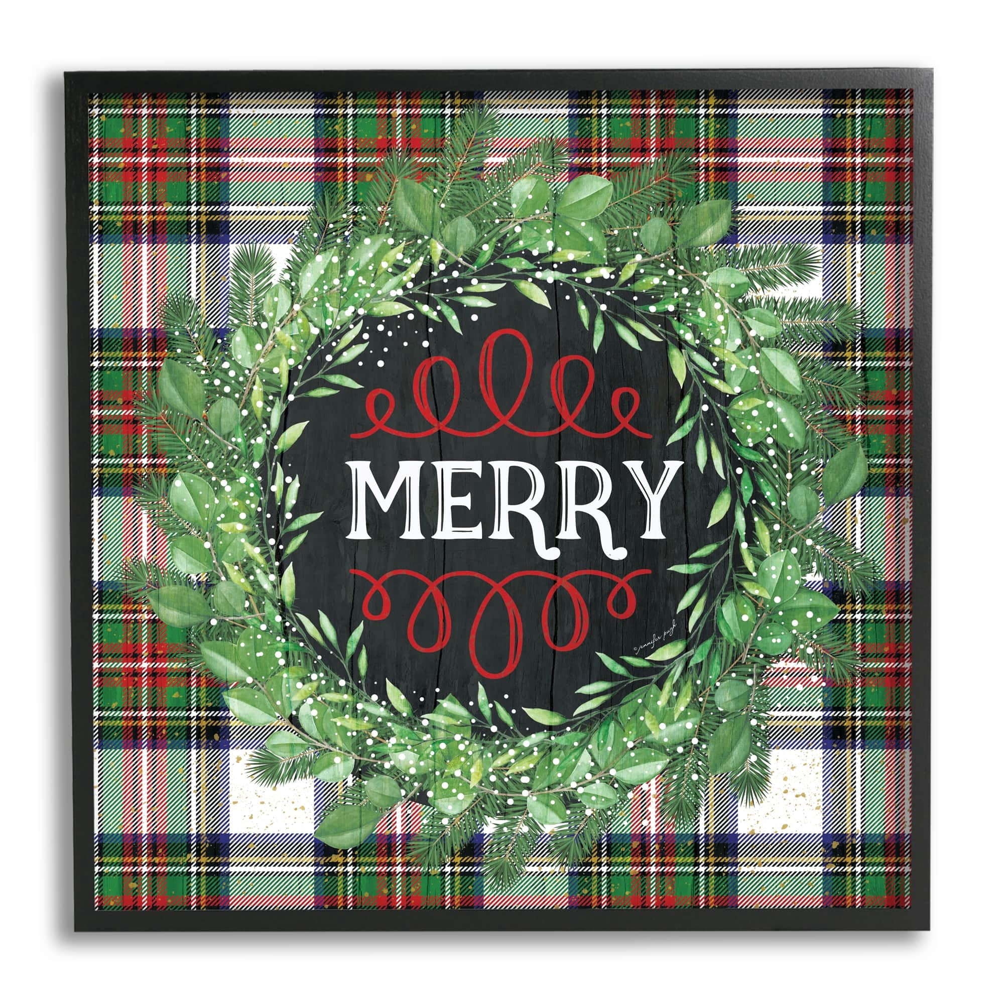 Stupell Industries Merry Sentiment Winter Pine Wreath Green Christmas Plaid, 24 x 24,Design by Jennifer Pugh