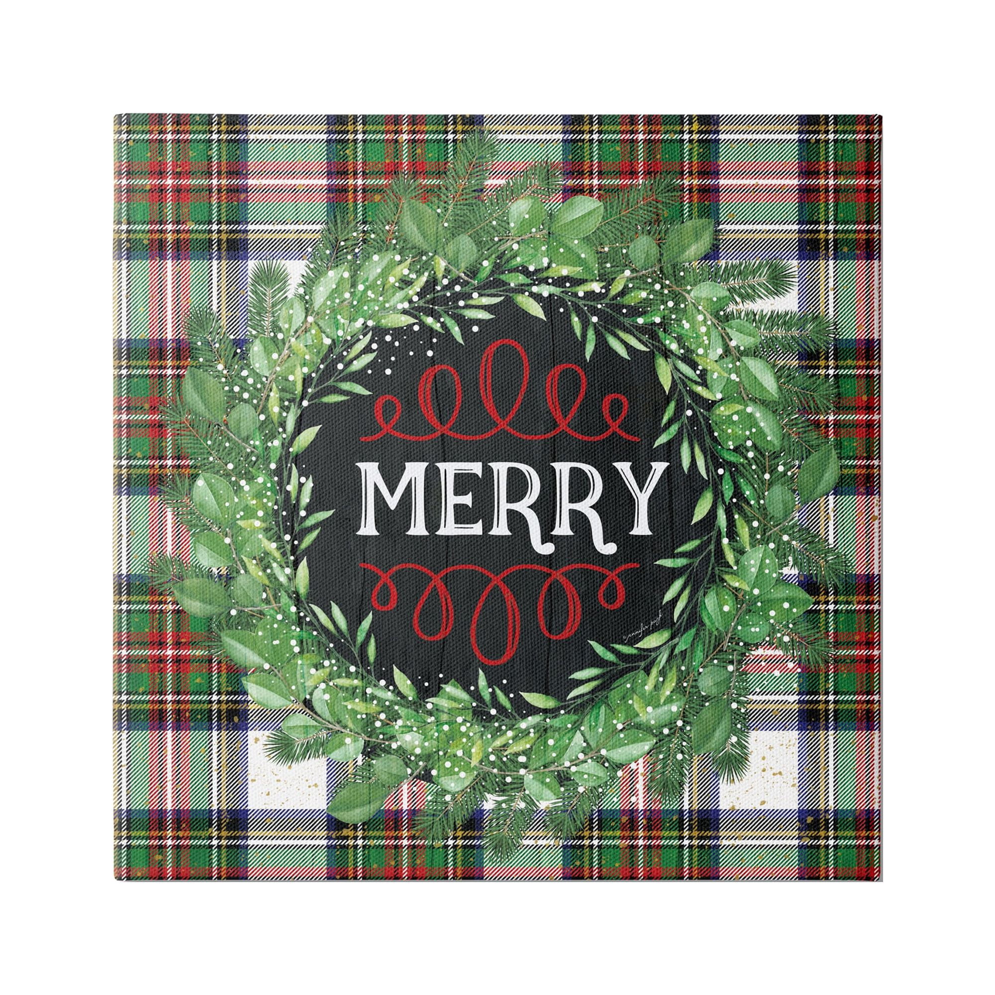 Stupell Industries Merry Sentiment Winter Pine Wreath Green Christmas Plaid, 30 x 30,Design by Jennifer Pugh
